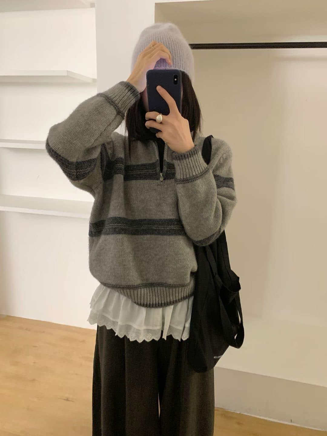 가을 겨울 폴로 칼라 하프 지퍼 스트라이프 배색 오픈 가디건 스웨터 한 부서 레트로 스타일 연령 감소 다용도 맨위 상세 이미지 1
