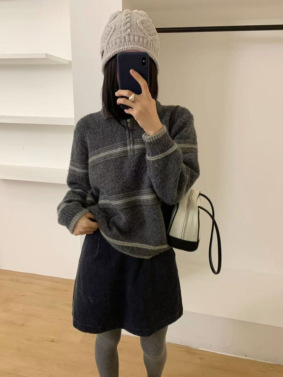 가을 겨울 폴로 칼라 하프 지퍼 스트라이프 배색 오픈 가디건 스웨터 한 부서 레트로 스타일 연령 감소 다용도 맨위 상세 이미지 4