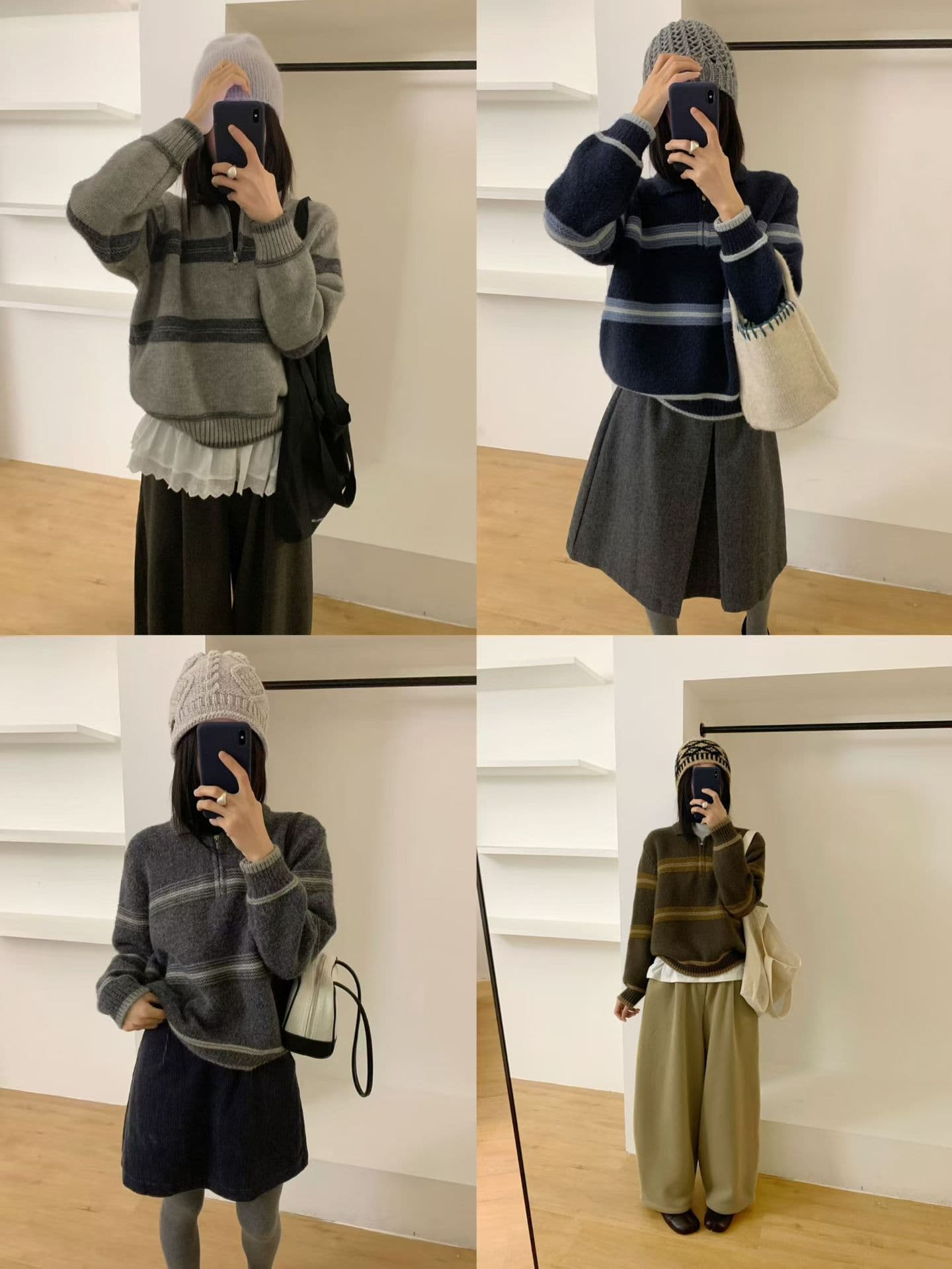 가을 겨울 폴로 칼라 하프 지퍼 스트라이프 배색 오픈 가디건 스웨터 한 부서 레트로 스타일 연령 감소 다용도 맨위 상세 이미지 5