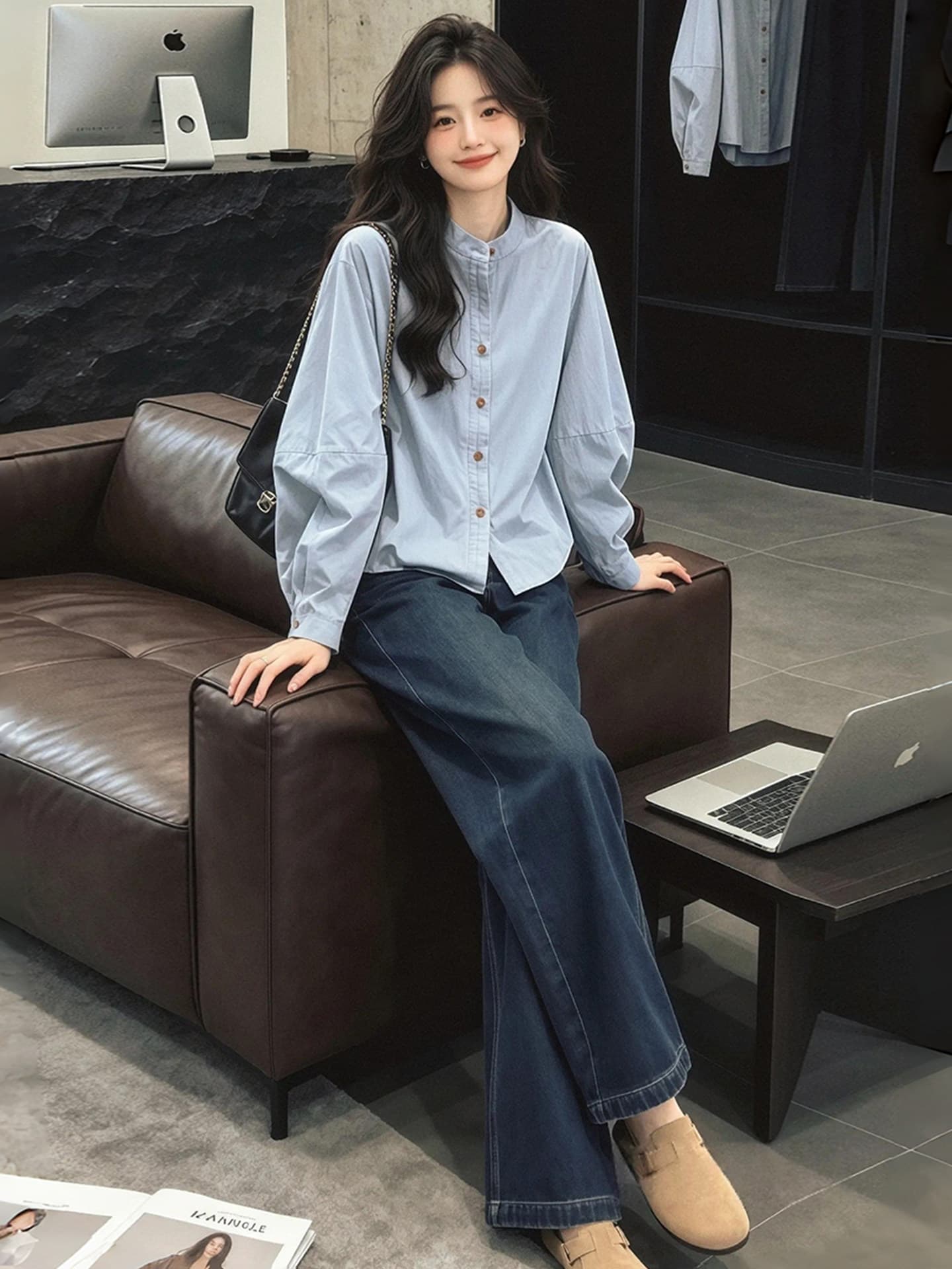 파란색 루즈핏 스탠드 칼라 단추 셔츠 셔츠 조기 가을 의상 여자 2026 새로운 프랑스식 사소한 아름다운 작은 맨위 이미지 3