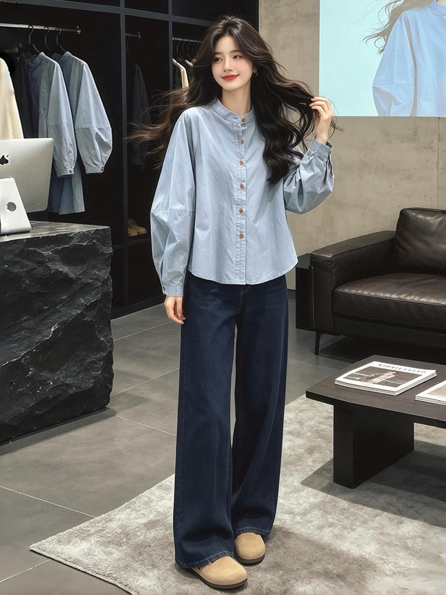 파란색 루즈핏 스탠드 칼라 단추 셔츠 셔츠 조기 가을 의상 여자 2026 새로운 프랑스식 사소한 아름다운 작은 맨위 상세 이미지 2