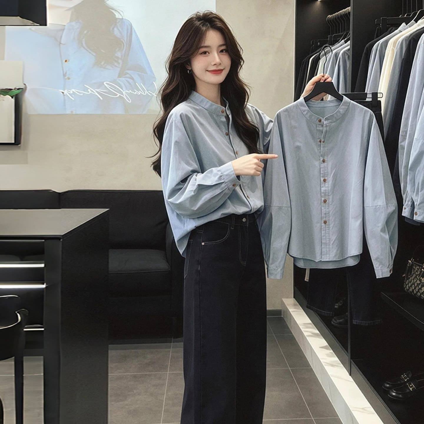 파란색 루즈핏 스탠드 칼라 단추 셔츠 셔츠 조기 가을 의상 여자 2026 새로운 프랑스식 사소한 아름다운 작은 맨위 상세 이미지 5