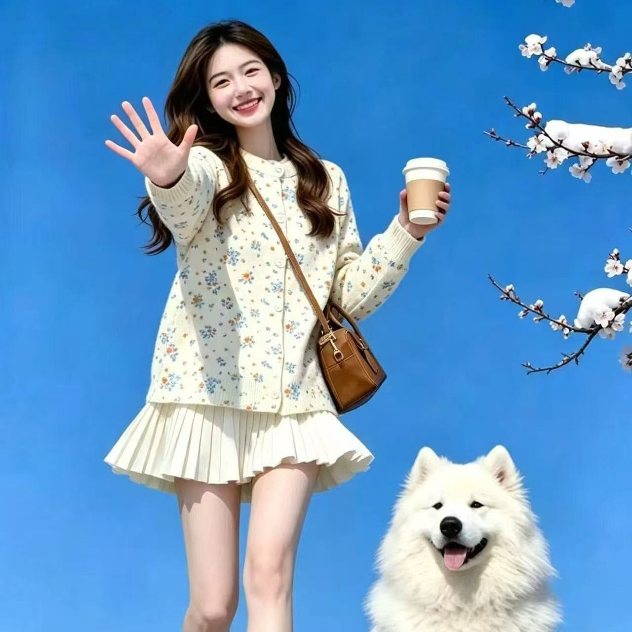 가을 겨울 새로운 달콤함 연령 감소 꽃무늬 프린트 니트 오픈 가디건 부드러운 한 부서 작은 청신 플리츠 미니 스커트 세트 상세 이미지 1