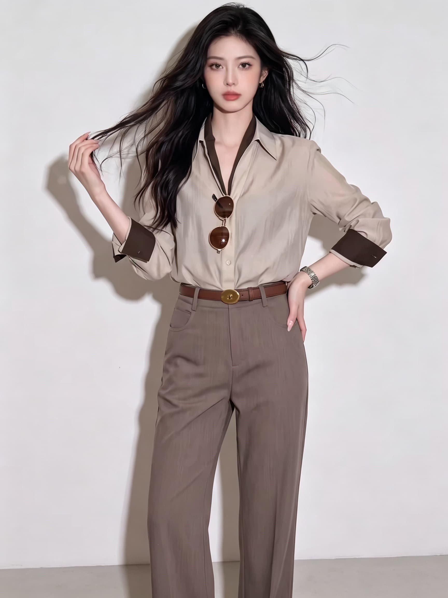 2026 가을 새로운 출퇴근 바람 셔츠 와이드 레그 팬츠 두 조각 여성 세트 고급 센스 품격 슬림해 보이는 세트 착용 가져 가라. 상세 이미지 1