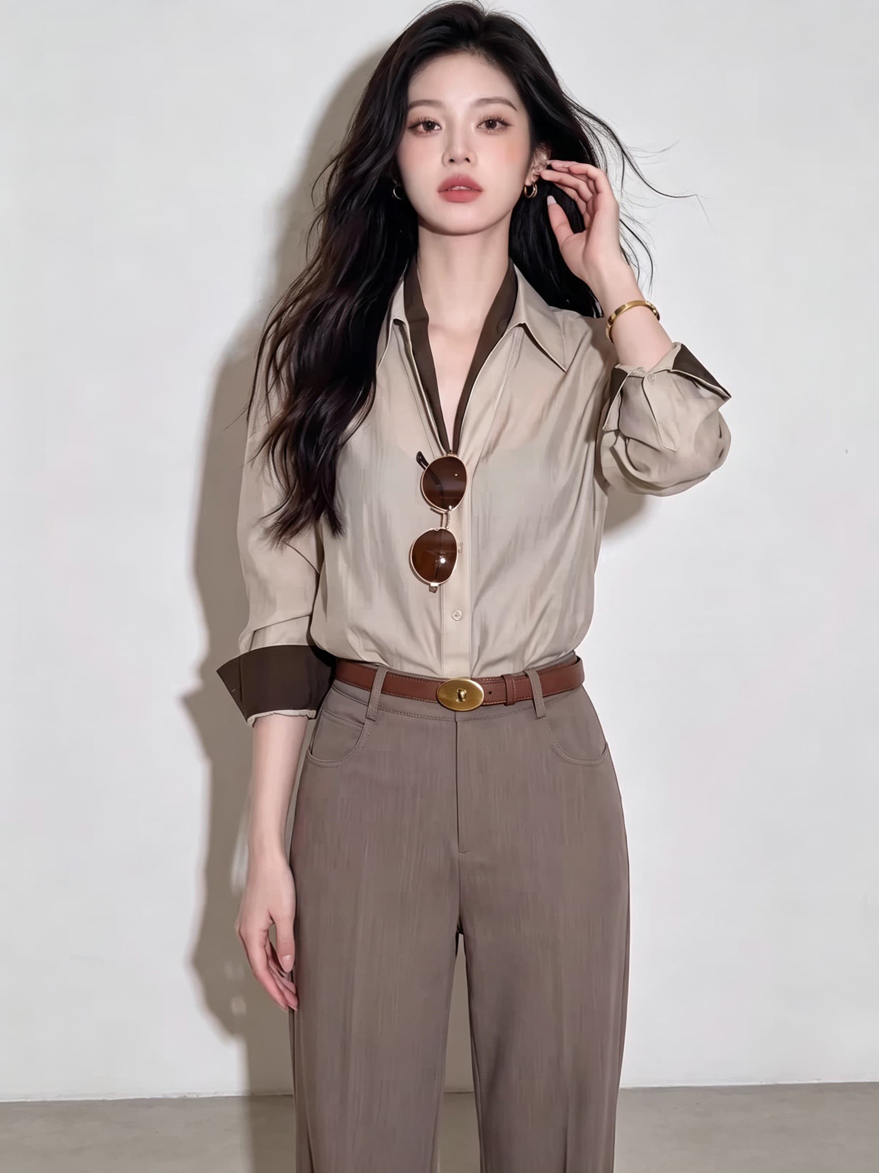 2026 가을 새로운 출퇴근 바람 셔츠 와이드 레그 팬츠 두 조각 여성 세트 고급 센스 품격 슬림해 보이는 세트 착용 가져 가라. 상세 이미지 2