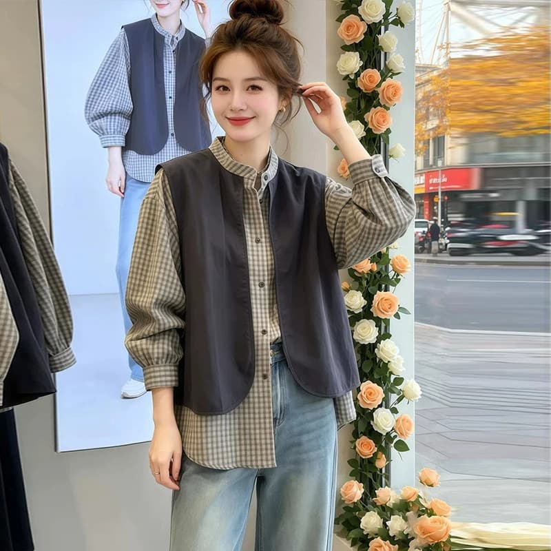 2026 이른 가을 새로운 루즈핏 캐주얼 세련된 스택 착용 맨위 고급 센스 베스트 플러스 격자 무늬 셔츠 페이크 레이어드 여성