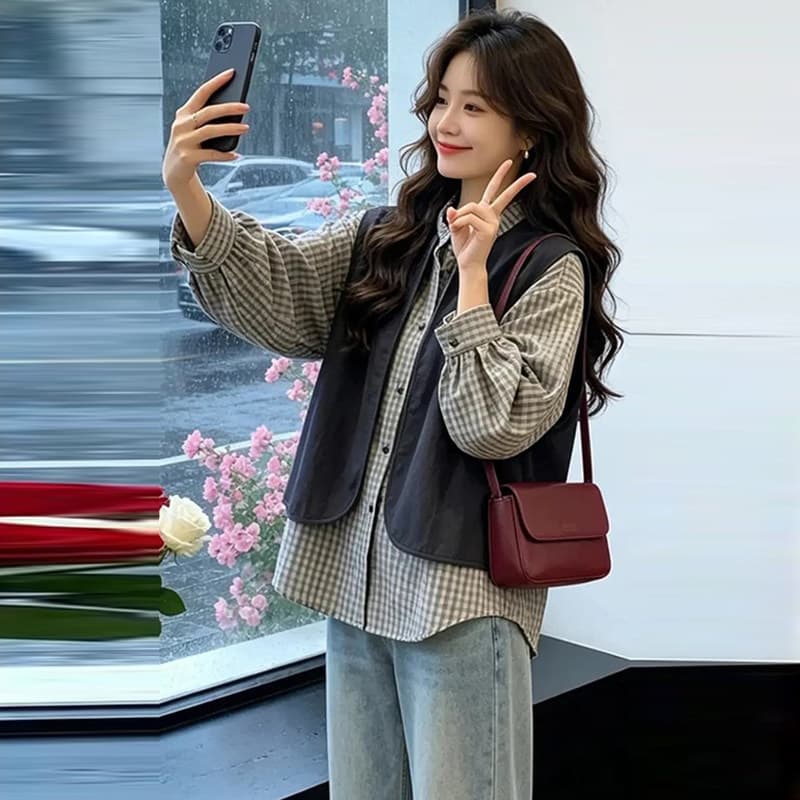 2026 이른 가을 새로운 루즈핏 캐주얼 세련된 스택 착용 맨위 고급 센스 베스트 플러스 격자 무늬 셔츠 페이크 레이어드 여성 상세 이미지 2