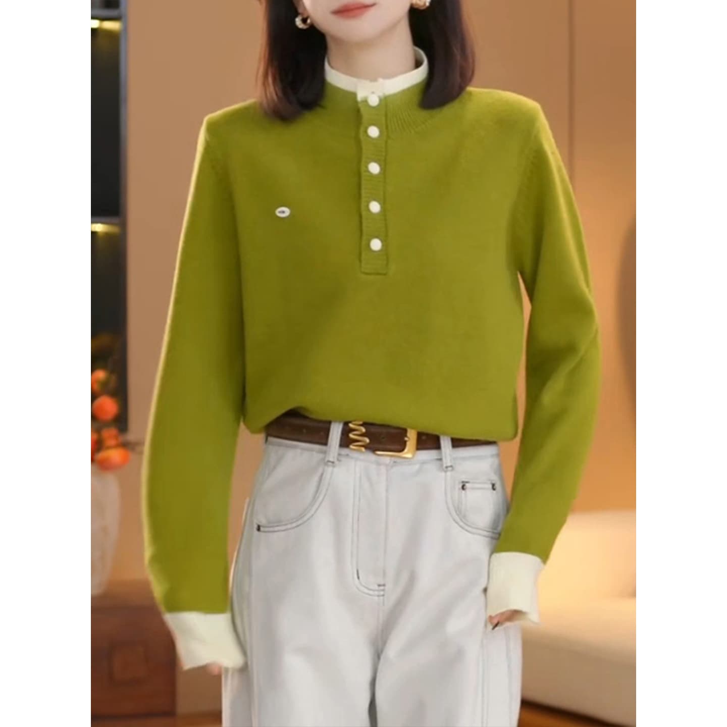 배색 페이크 레이어드 반하이넥 긴팔 니트 스웨터 여성 가을 겨울 2026 새로운 한국 스타일 루즈핏 느긋한 인사이드 잡아라. 의류 이미지 3