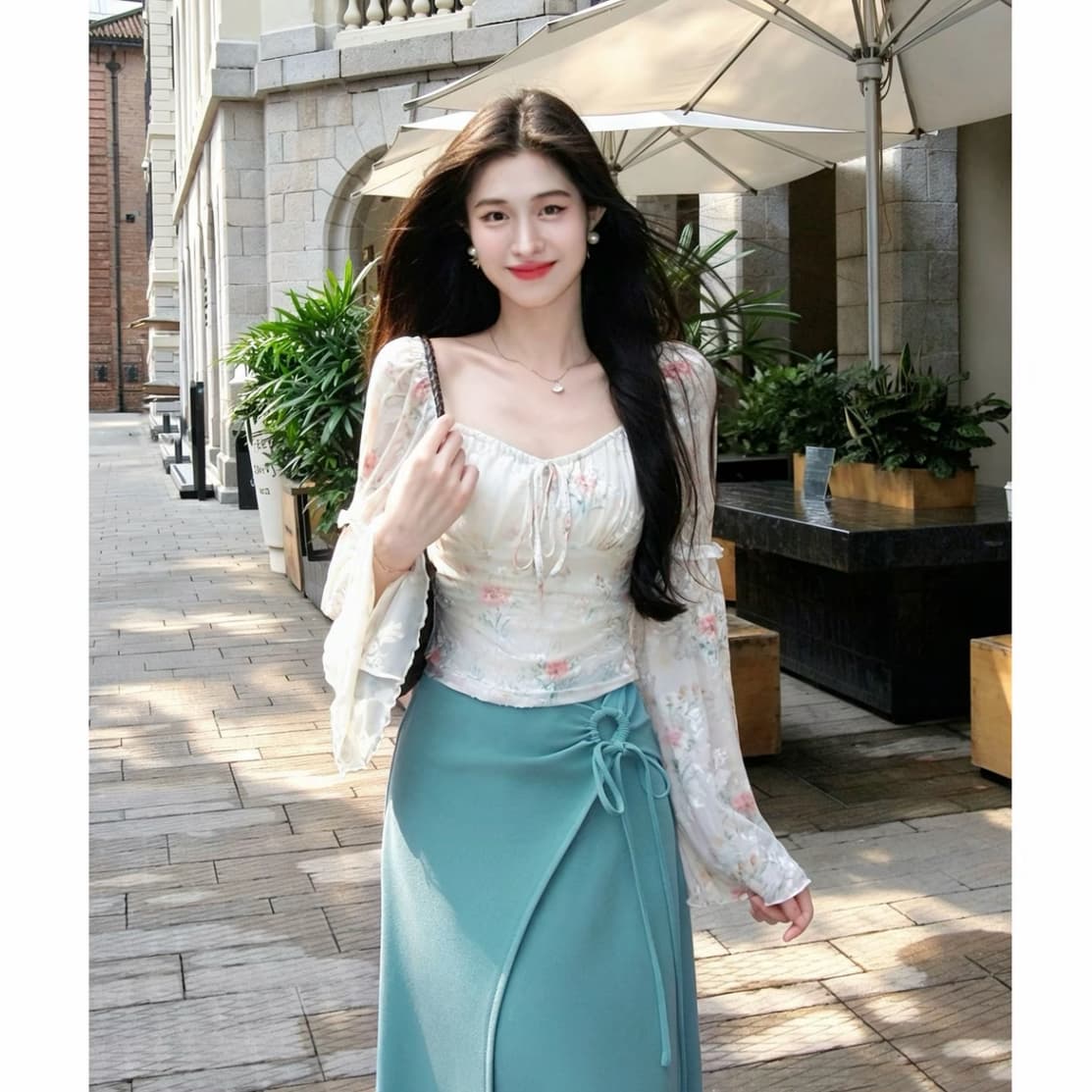 링 茜 거만한 와우 블루 팅 꿈 머리말 프랑스식 달콤함 식물 플러시 프린트 맨위 슬림해 보이는 하이웨이스트 반신 치마 세트 이미지 4