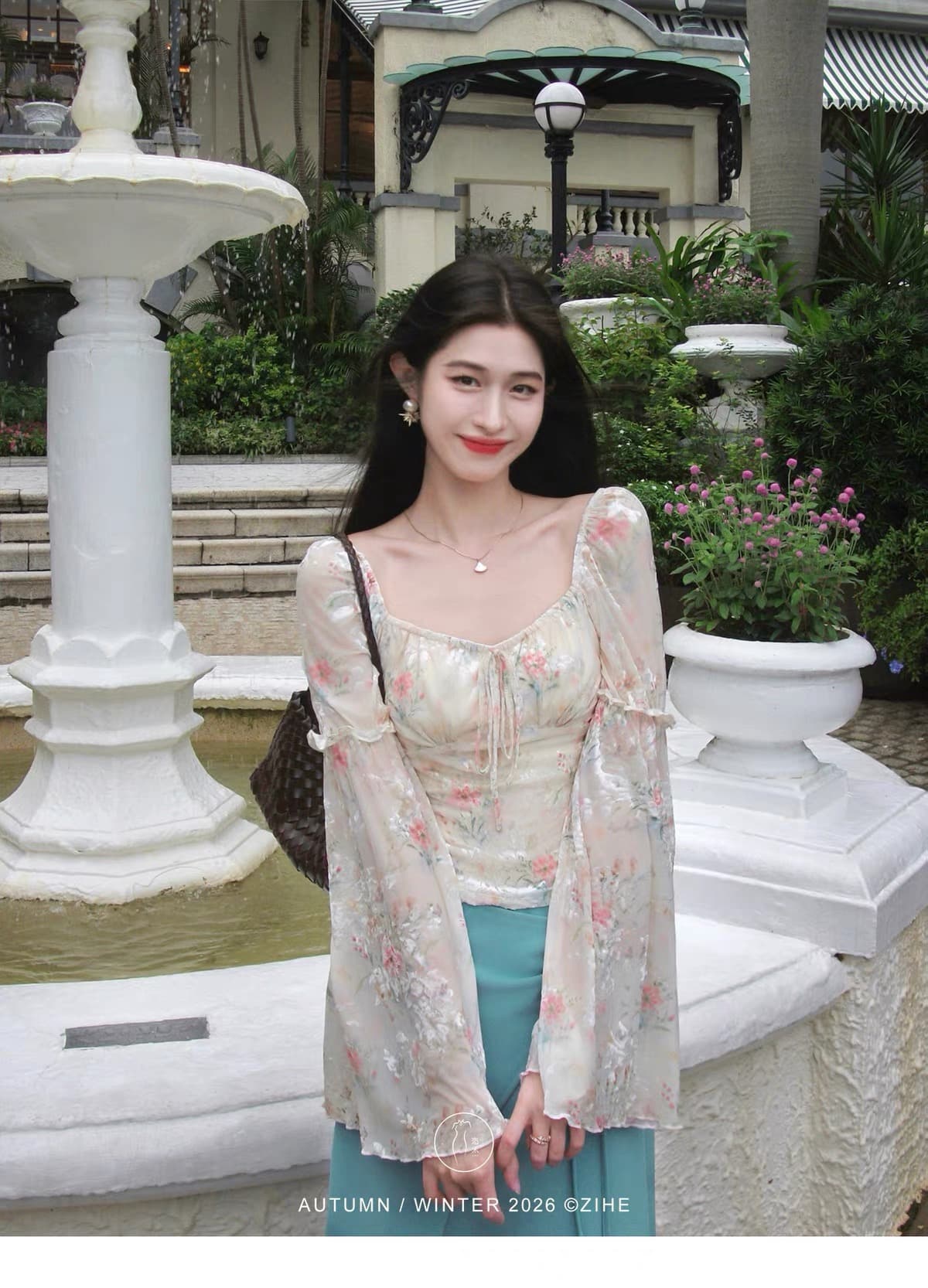 링 茜 거만한 와우 블루 팅 꿈 머리말 프랑스식 달콤함 식물 플러시 프린트 맨위 슬림해 보이는 하이웨이스트 반신 치마 세트 상세 이미지 3