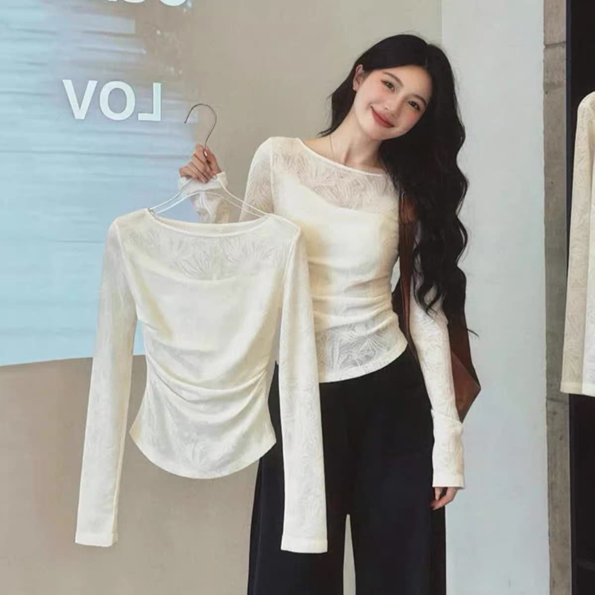 프랑스식 레트로 화이트 레이스 작은 셔츠 여성 가을 작은 대중 패션 몸매 가꾸기 슬림해 보이는 인사이드 가져 가라. 스택 착용 기본 셔츠 맨위 이미지 3