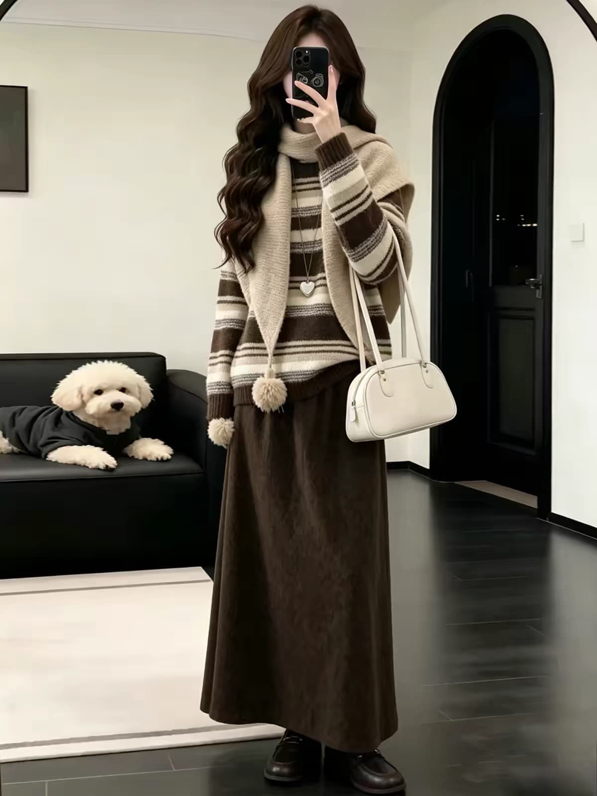 빛 요리 한 코치 전체 집합 착용 가져 가라. 가을 겨울철 고급 센스 연령 감소 스트라이프 니트 스웨터 반신 스커트 세 조각 세트