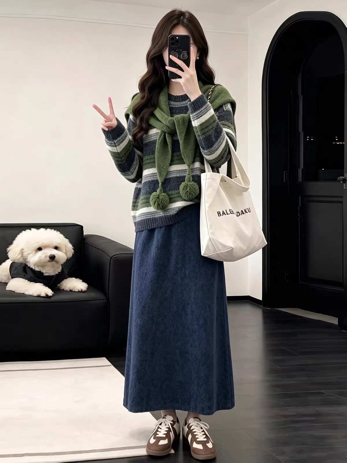 빛 요리 한 코치 전체 집합 착용 가져 가라. 가을 겨울철 고급 센스 연령 감소 스트라이프 니트 스웨터 반신 스커트 세 조각 세트 상세 이미지 2