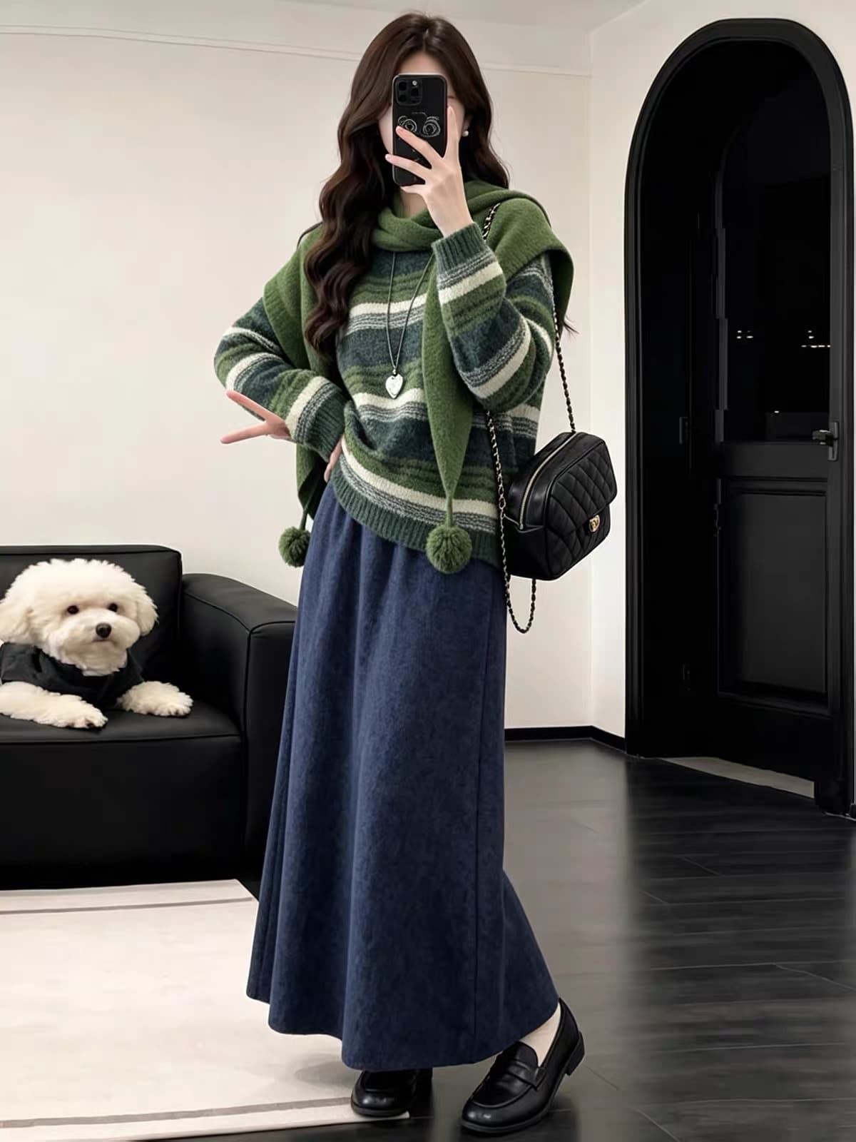 빛 요리 한 코치 전체 집합 착용 가져 가라. 가을 겨울철 고급 센스 연령 감소 스트라이프 니트 스웨터 반신 스커트 세 조각 세트 상세 이미지 4