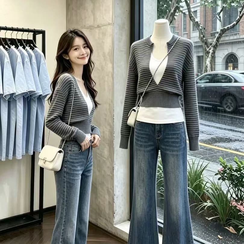 2026 새로운 페이크 레이어드 스트라이프 니트 스웨터 이미지 2