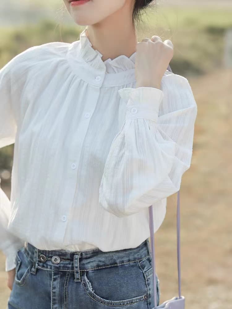 가을 2026 새로운 디자인 센스 작은 대중 Chic 거품 소매 맨위 chic 프랑스식 프릴 화이트 여성 셔츠 이미지 4