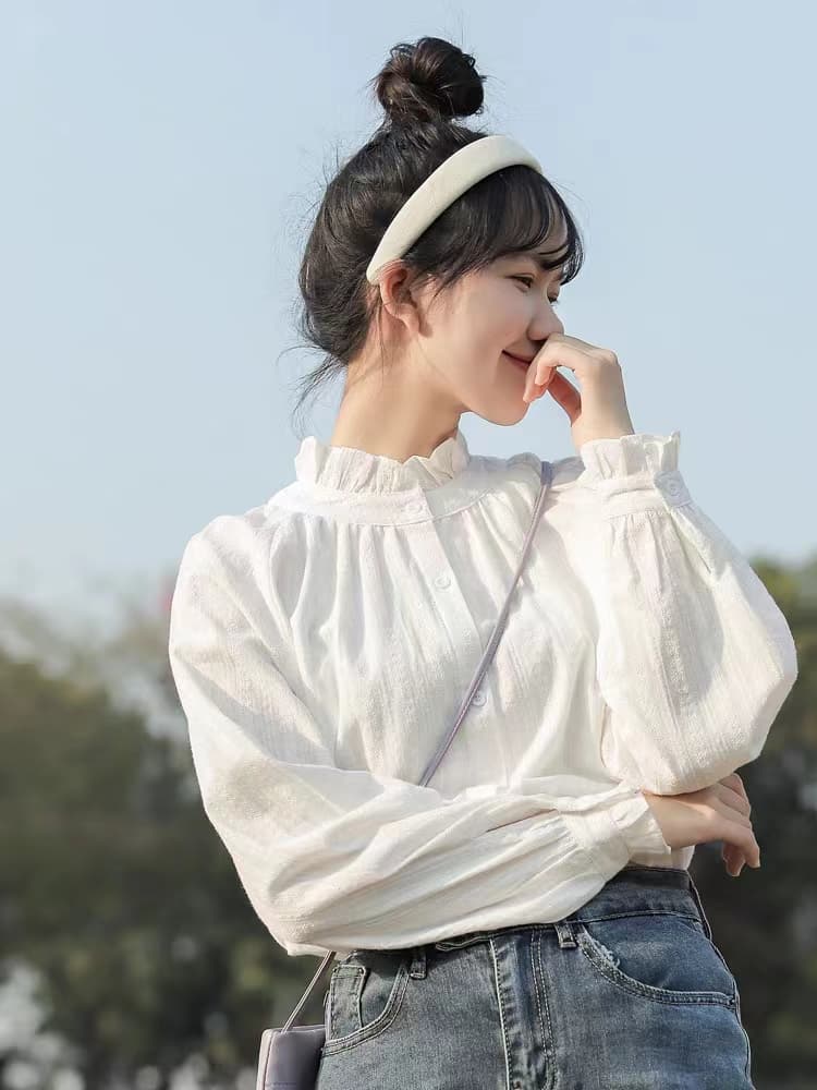 가을 2026 새로운 디자인 센스 작은 대중 Chic 거품 소매 맨위 chic 프랑스식 프릴 화이트 여성 셔츠 상세 이미지 1