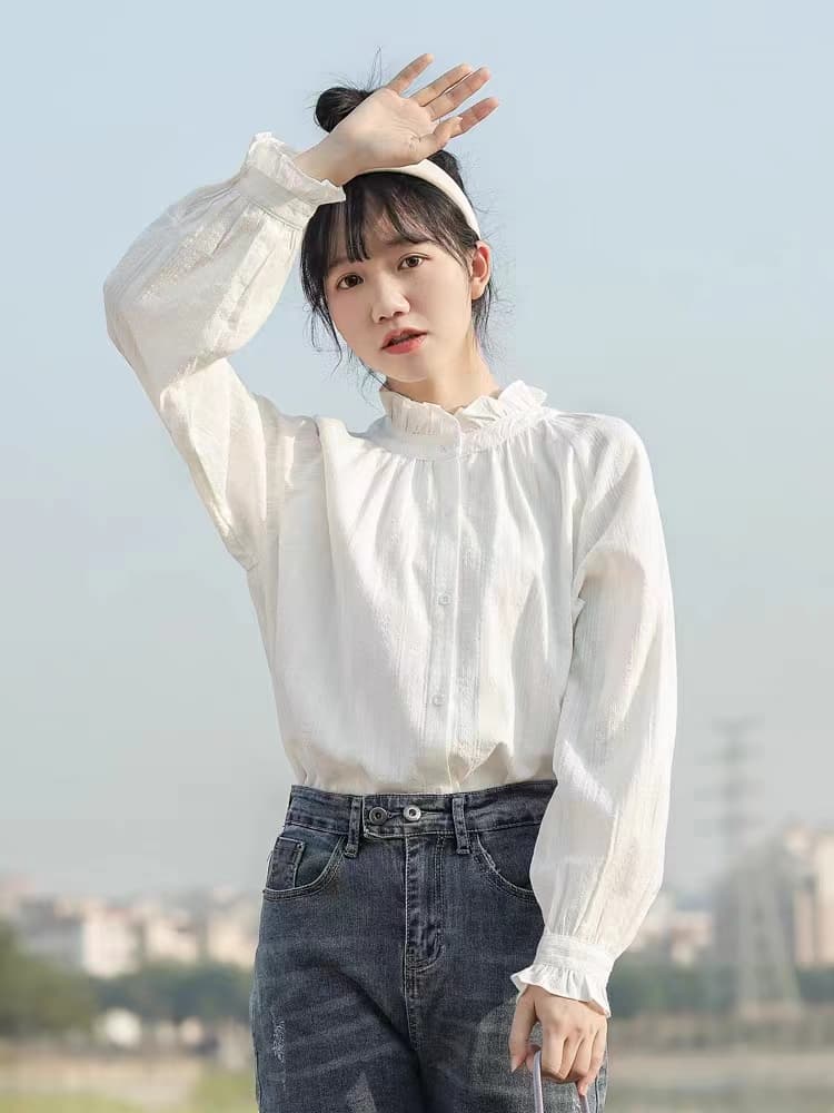 가을 2026 새로운 디자인 센스 작은 대중 Chic 거품 소매 맨위 chic 프랑스식 프릴 화이트 여성 셔츠 상세 이미지 2