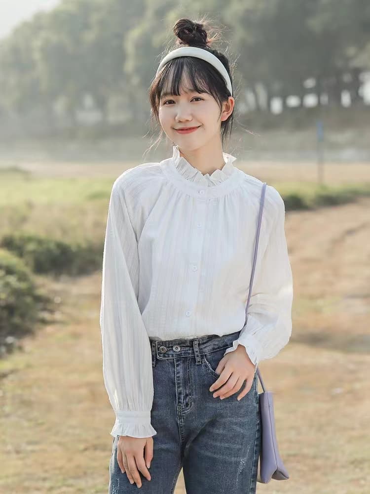 가을 2026 새로운 디자인 센스 작은 대중 Chic 거품 소매 맨위 chic 프랑스식 프릴 화이트 여성 셔츠 상세 이미지 3