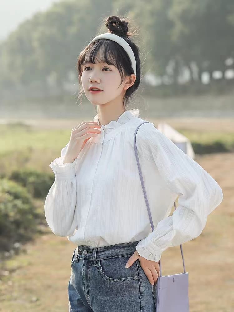 가을 2026 새로운 디자인 센스 작은 대중 Chic 거품 소매 맨위 chic 프랑스식 프릴 화이트 여성 셔츠 상세 이미지 4