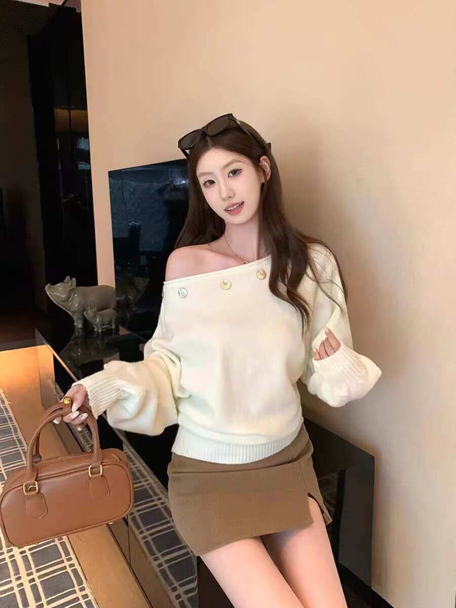 이른 가을 보트넥 기본 셔츠 여성 인사이드 가져 가라. 느슨함 센스 느긋한 오프숄더 스웨터 고유 한 아름다운 긴팔 니트 맨위 상세 이미지 2