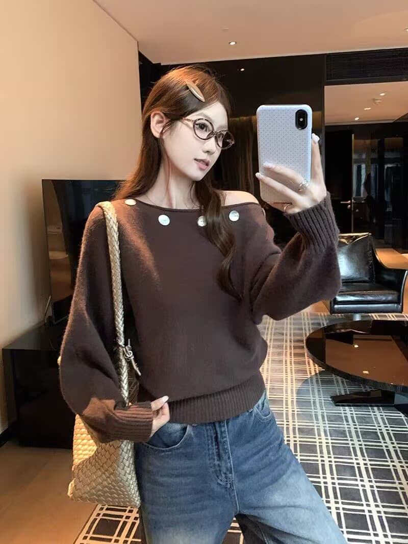 이른 가을 보트넥 기본 셔츠 여성 인사이드 가져 가라. 느슨함 센스 느긋한 오프숄더 스웨터 고유 한 아름다운 긴팔 니트 맨위 상세 이미지 3