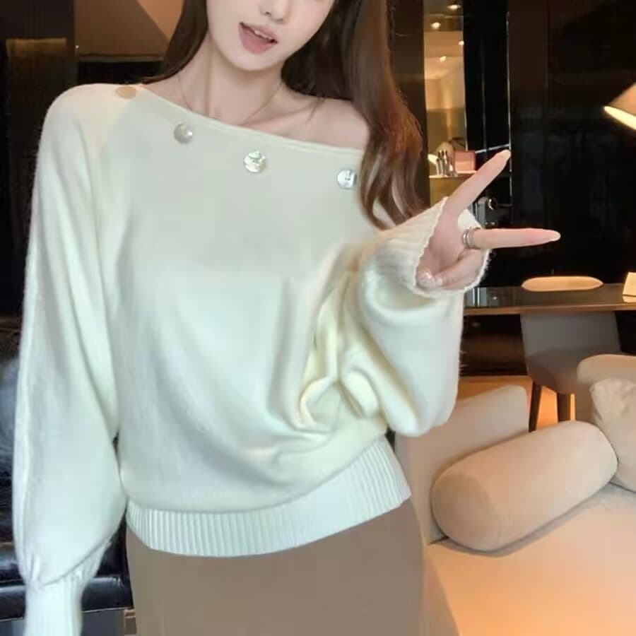 이른 가을 보트넥 기본 셔츠 여성 인사이드 가져 가라. 느슨함 센스 느긋한 오프숄더 스웨터 고유 한 아름다운 긴팔 니트 맨위 상세 이미지 5