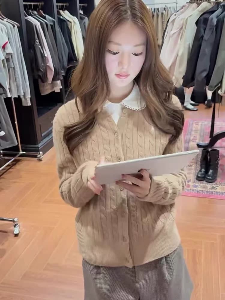 한 부서 미니멀리즘 싱글 줄 버튼 니트 오픈 가디건 여성 2026 년 가을 새로운 작은 키 슬림해 보이는 품격 연령 감소 맨위 상세 이미지 5