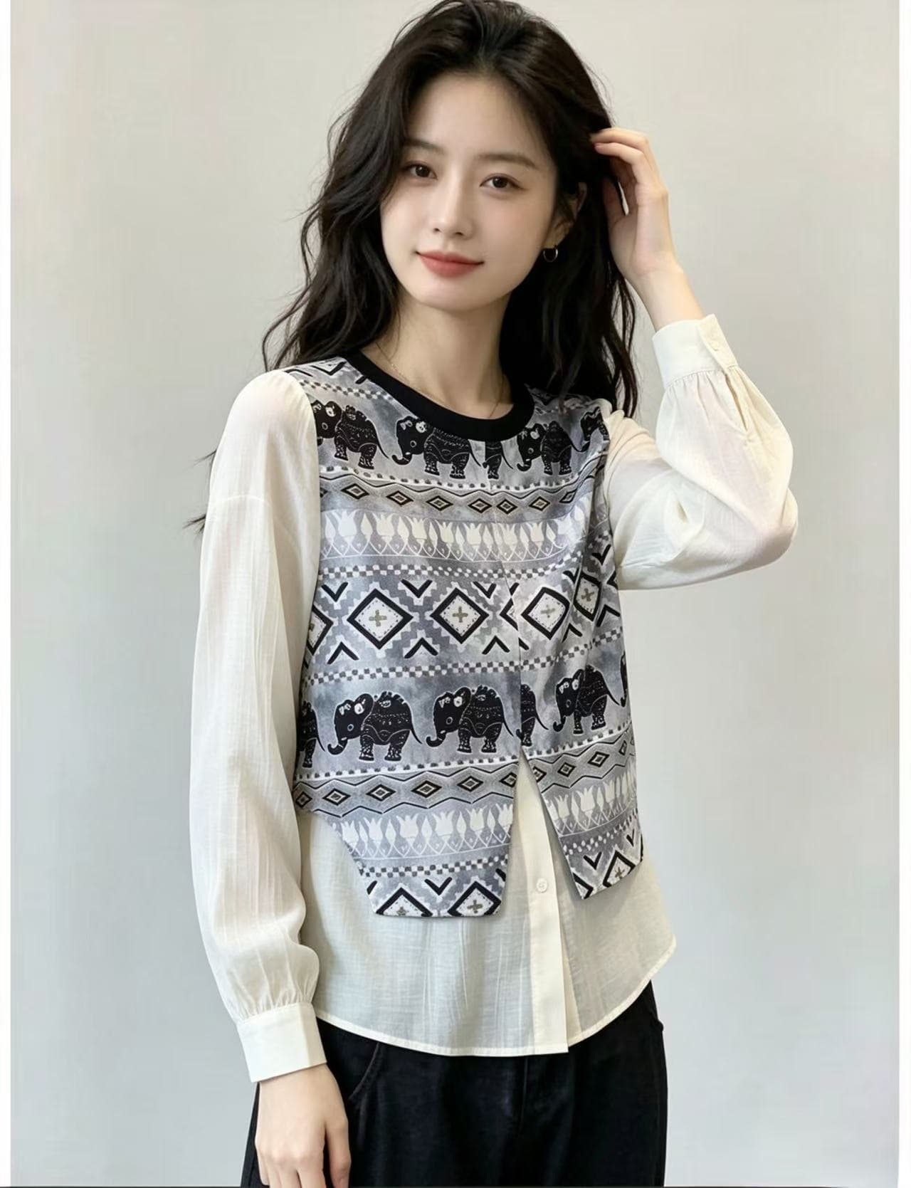 2026 가을 프랑스식 디자인 센스 프린트 긍정적 인 어깨 셔츠 패션 다용도 풀오버 홍콩 느낌 레트로 라운드 넥 맨위 이미지 2