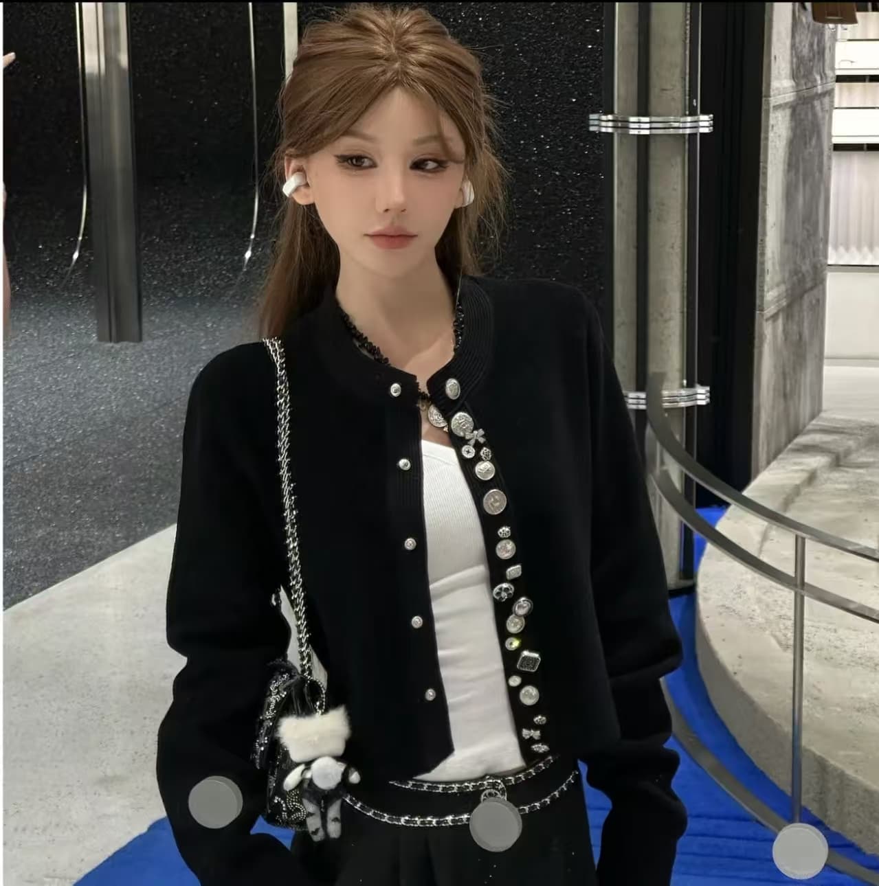프랑스식 작은 샤넬 스타일 고급 센스 품격 니트 오픈 가디건 여성 2026 가을 쇼트 스타일 재킷 검정색 바지 세트 상세 이미지 1