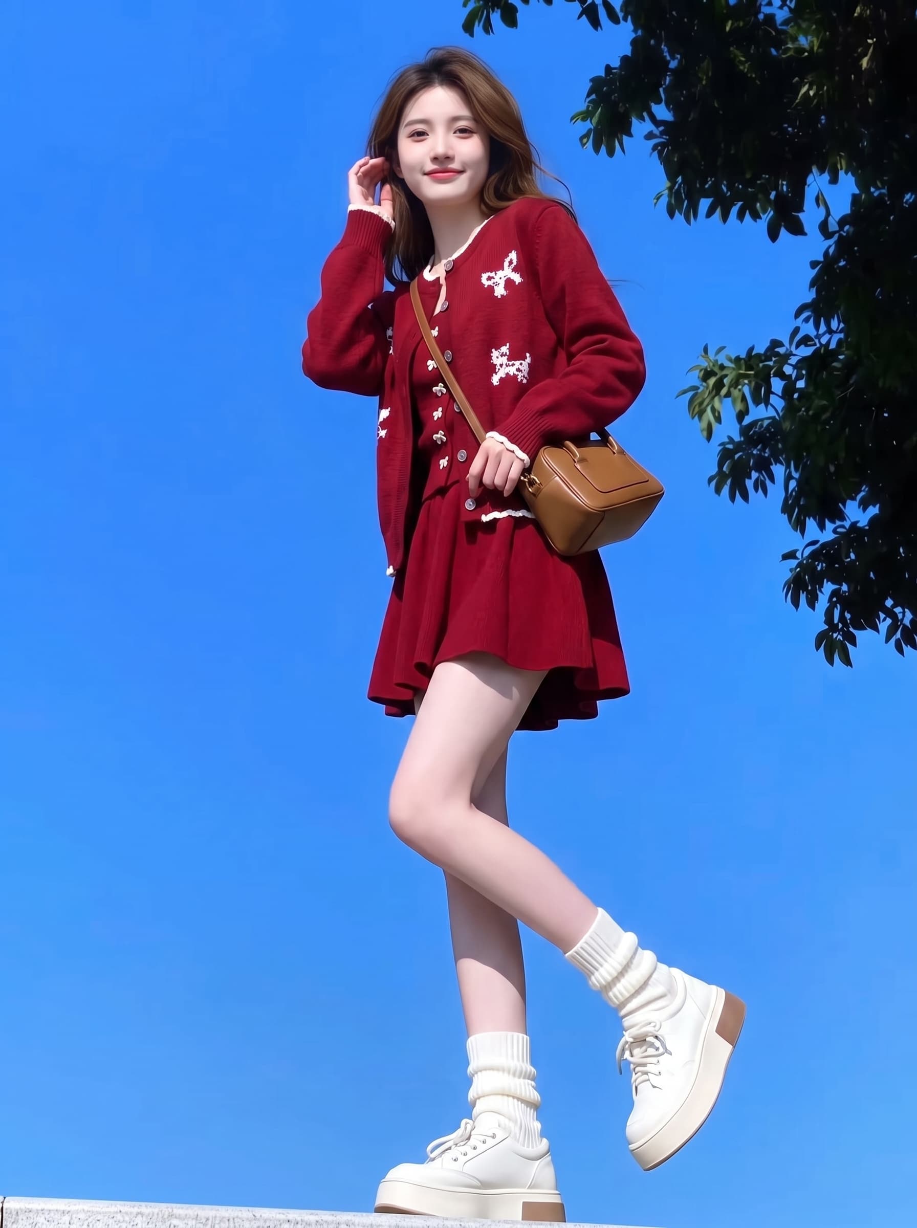 작은 샤넬 스타일 고급 센스 빨간색 니트 오픈 가디건 캐미솔 반신 스커트 여성 가을 3종 세트 슬림해 보이는 세트 상세 이미지 3