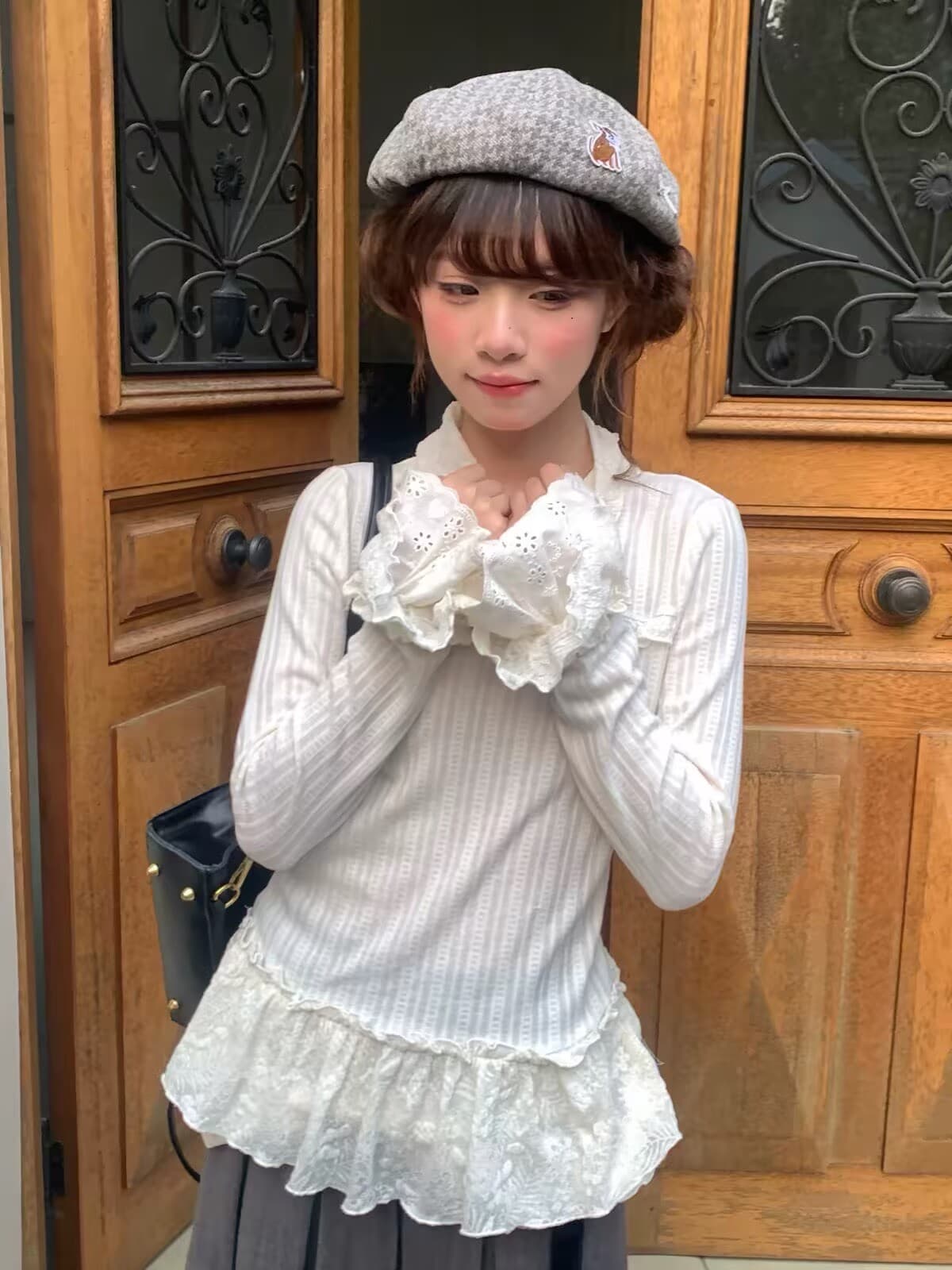 한 부서 소녀 가을의 날 우유 살구 이중층 자수 레이스 베이비 칼라 나비 매듭 한 마디 가을 바람막이 루즈핏 재킷 이미지 4