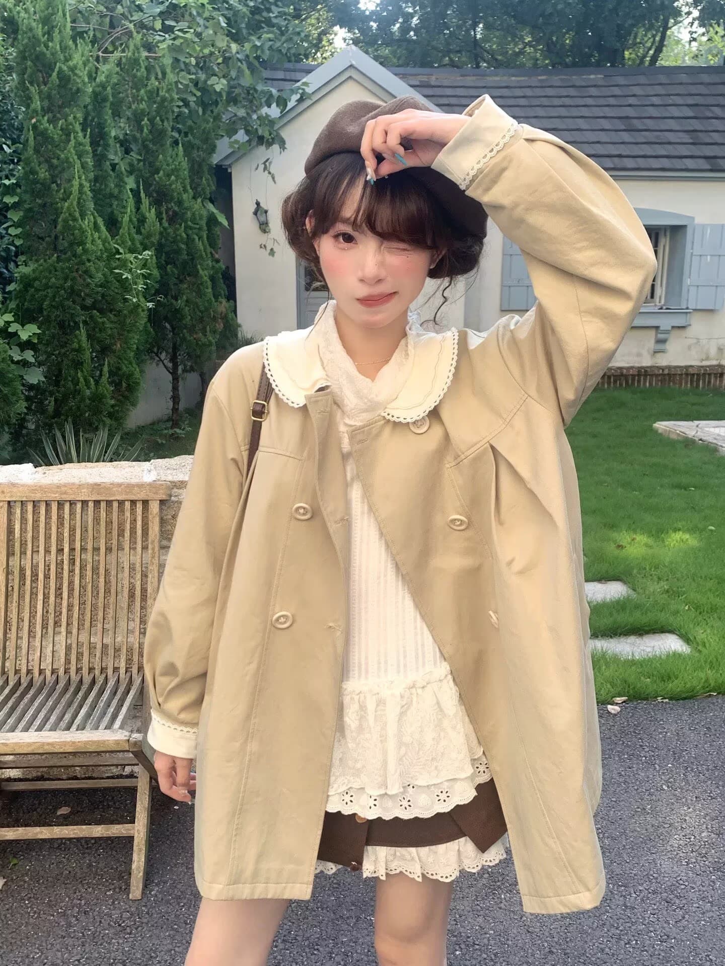한 부서 소녀 가을의 날 우유 살구 이중층 자수 레이스 베이비 칼라 나비 매듭 한 마디 가을 바람막이 루즈핏 재킷 상세 이미지 5