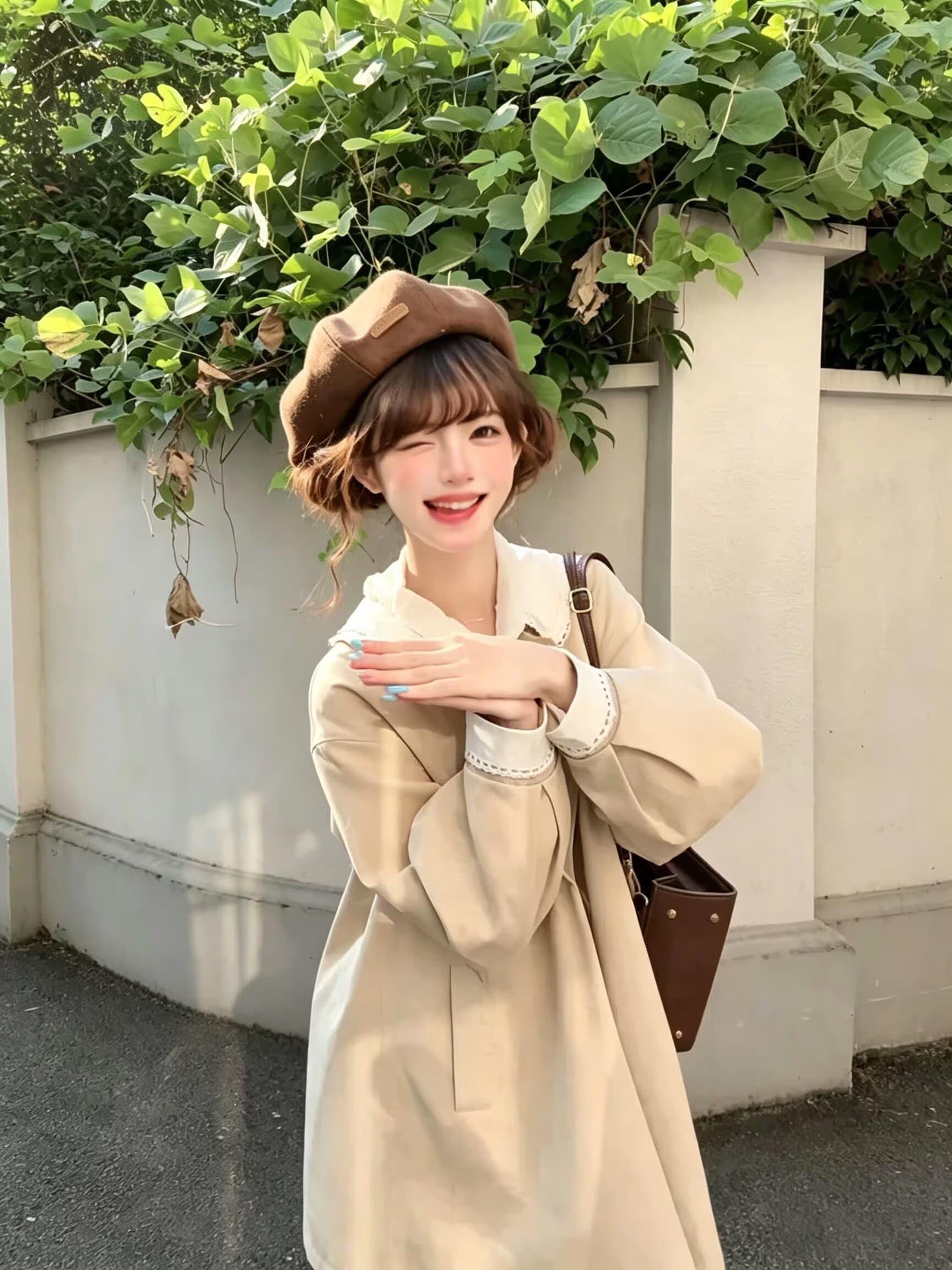 한 부서 소녀 가을의 날 우유 살구 이중층 자수 레이스 베이비 칼라 나비 매듭 한 마디 가을 바람막이 루즈핏 재킷 상세 이미지 7