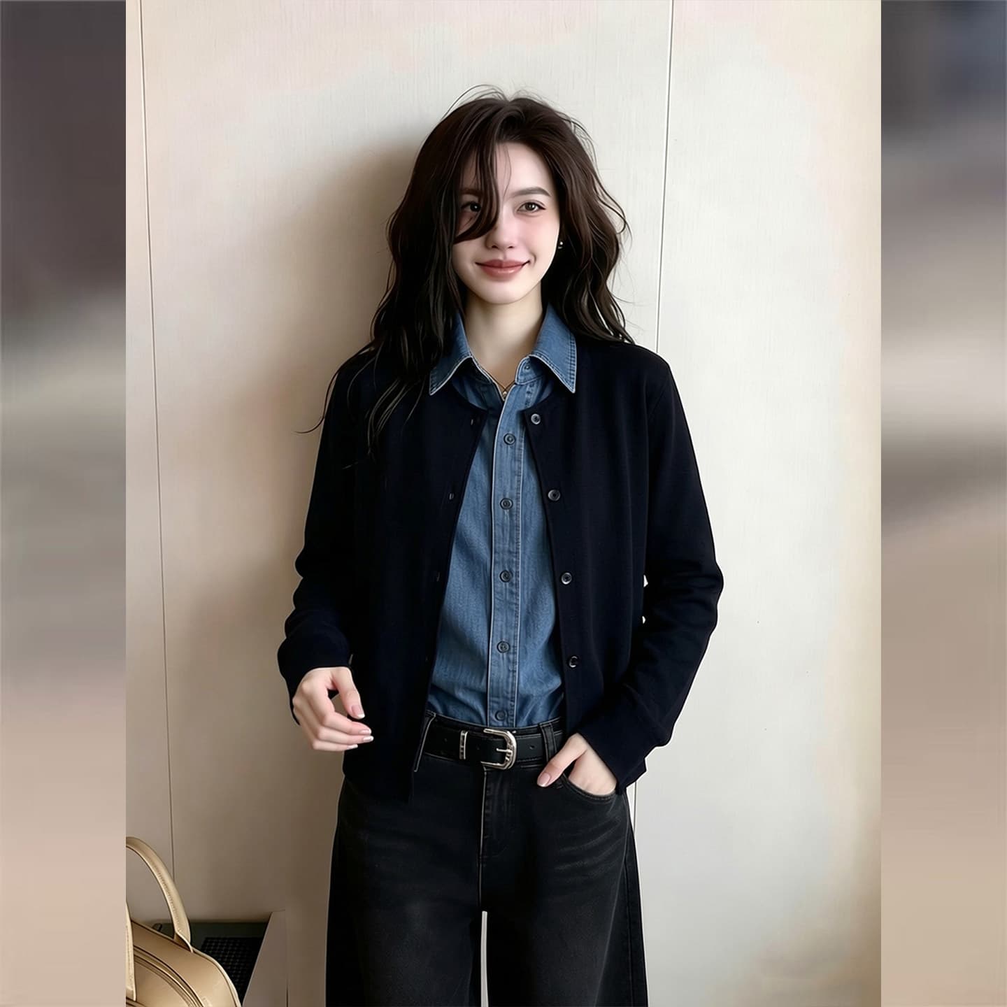 2026 가을 새로운 작은 대중 디자인 캐주얼 다용도 연령 감소 오픈 가디건 레트로 페이크 레이어드 데님 패치워크 여성 셔츠 상세 이미지 1