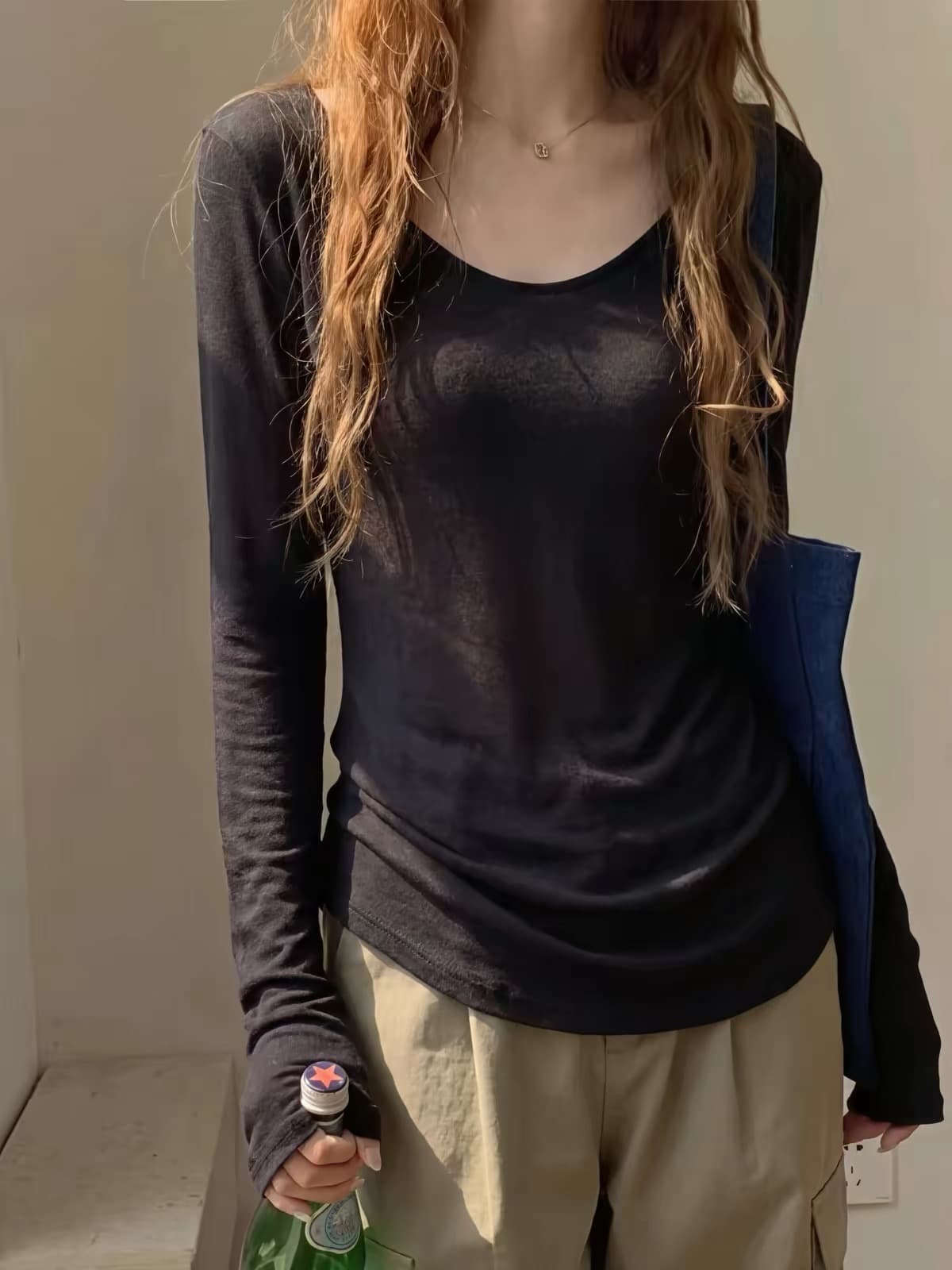 이른 가을 한 부서 오래된 돈 바람 긍정적 인 어깨 u 칼라 긴팔 티셔츠 여성 빛 사람들 착용 가져 가라. 느긋한 루즈핏 캐주얼 종이 사람들 맨위 상세 이미지 2