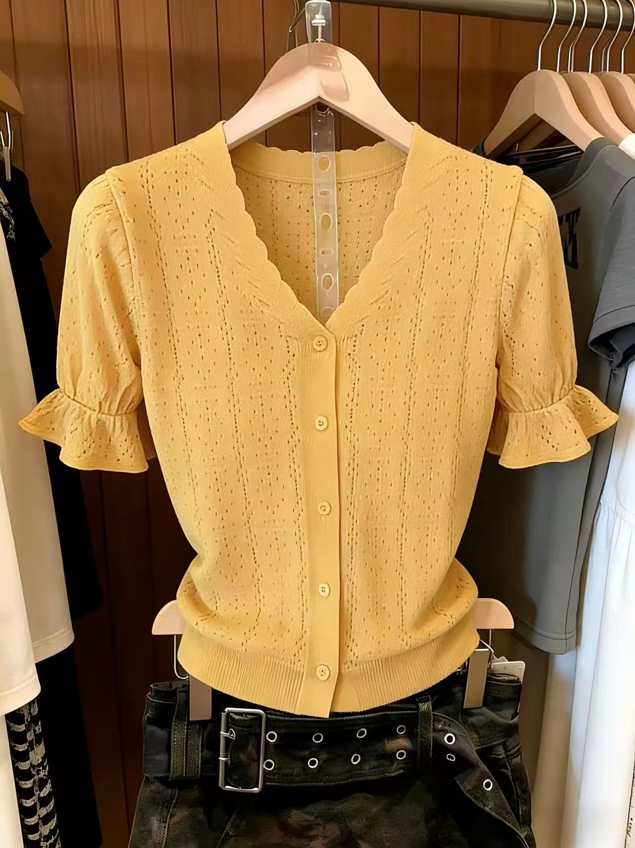 실사 프랑스식 Chic V넥 반팔 티셔츠 여성 새로운 여름 홀로우 아웃 얇은 스타일 쇼트 스타일 얼음 실크 니트 오픈 가디건 맨위 이미지 3