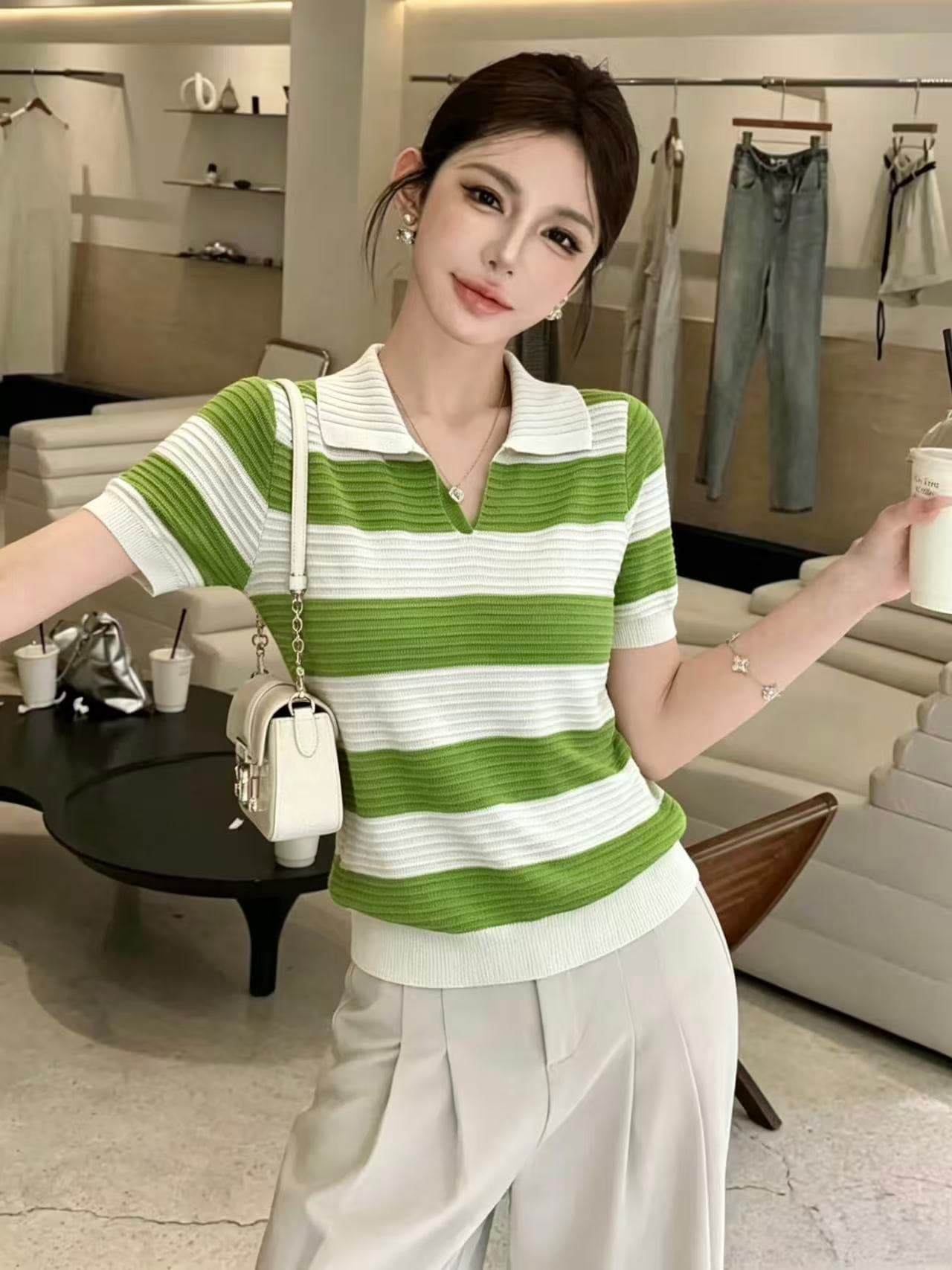 실사 캐주얼 바람 배색 폴로 칼라 스트라이프 니트 스웨터 여성 여름 한국 스타일 연령 감소 다용도 루즈핏 맨위 chic 상세 이미지 3