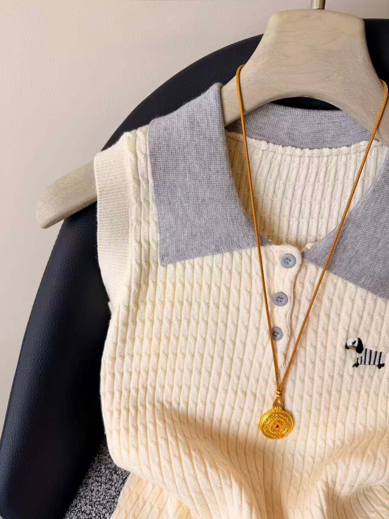 실사 학원 스타일 POLO 칼라 강아지 자수 니트 캐미솔 여름 연령 감소 민소매 티셔츠 맨위 chic 상세 이미지 4