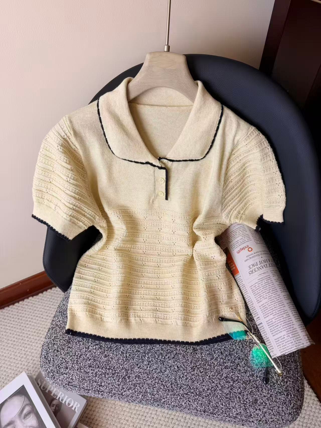 실사 학원 스타일 POLO 칼라 니트 반팔 티셔츠 여성 새로운 슈퍼 화재 연령 감소 맨위 베이비 칼라 셔츠 chic 상세 이미지 2
