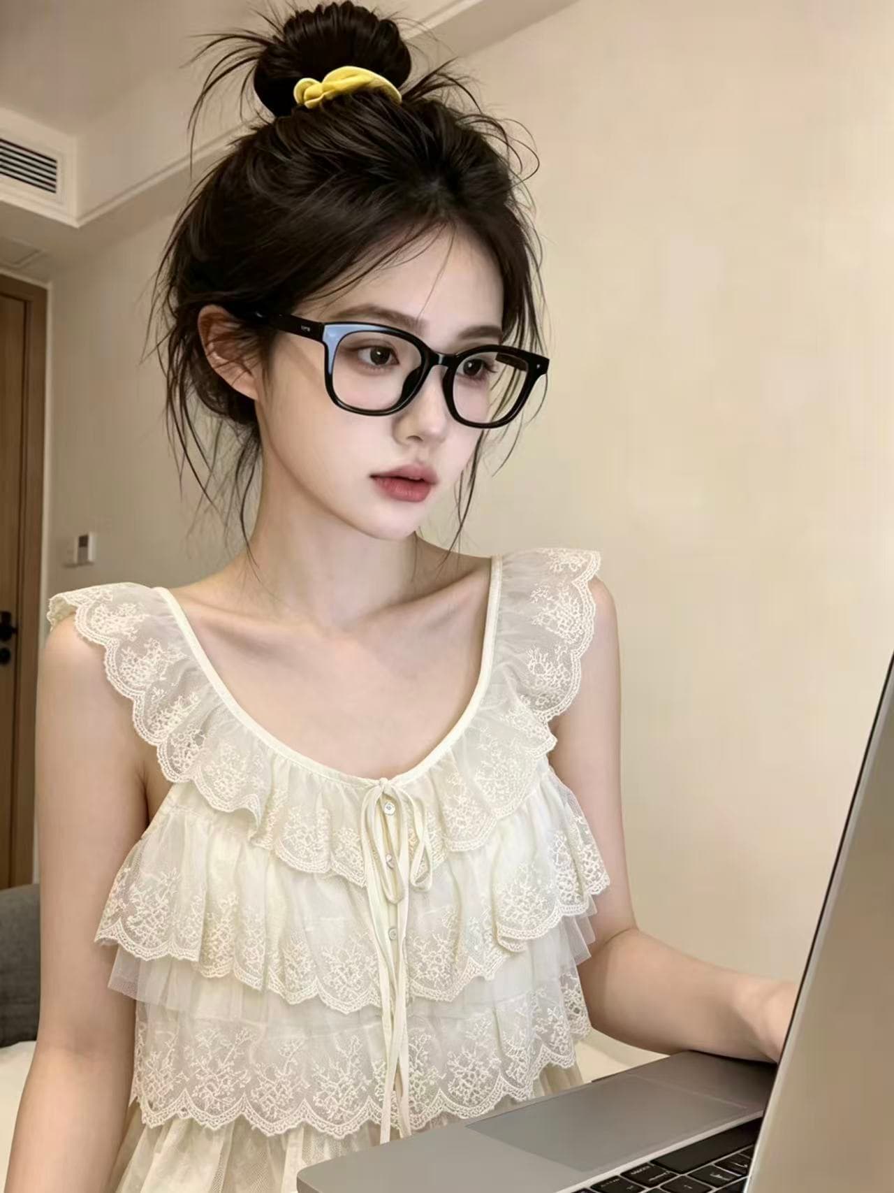 실사 프랑스식 레이스 프릴 캐미솔 외출용 고급 센스 순수한 욕망 섹시함 품격 몸매 가꾸기 쇼트 스타일 맨위 상세 이미지 3