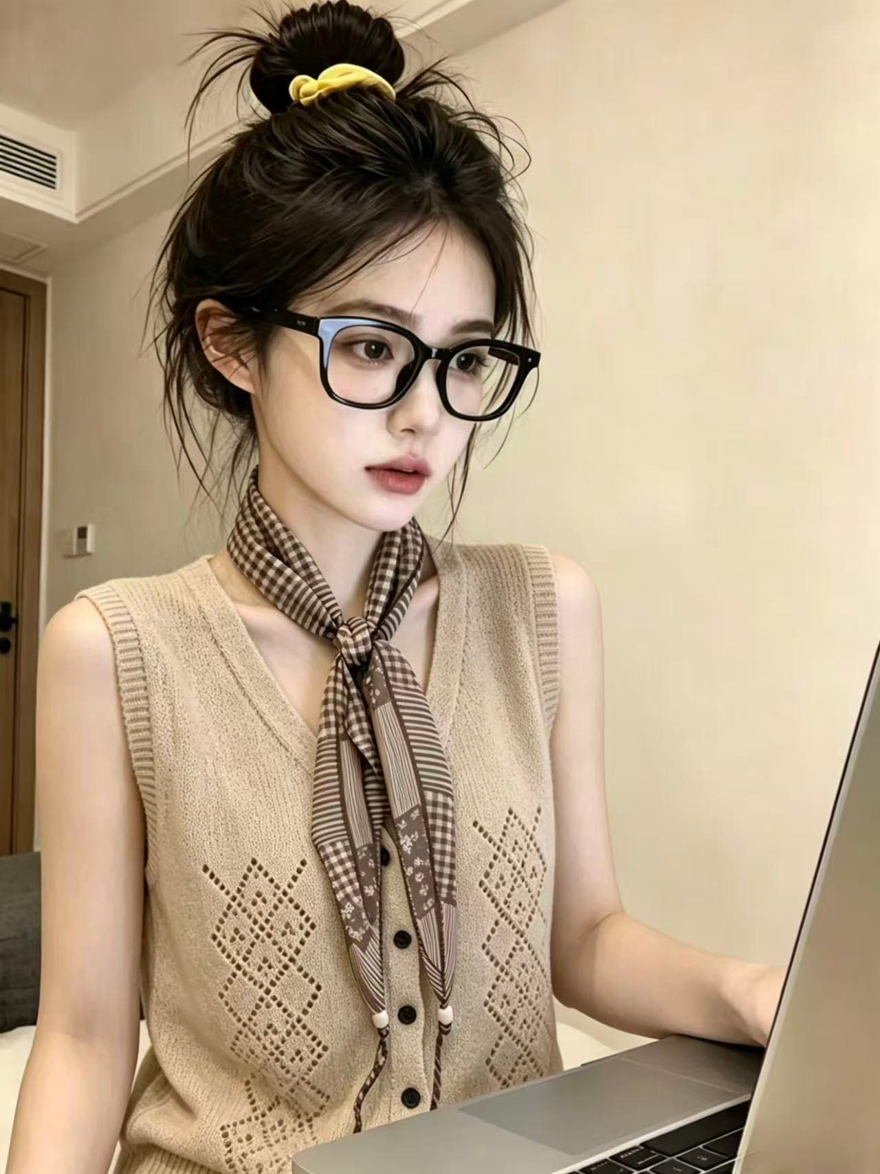 실사 한 부서 V넥 스카프 민소매 조끼 여성 여름 느슨함 고급 센스 슬림해 보이는 니트 맨위 chic 이미지 5
