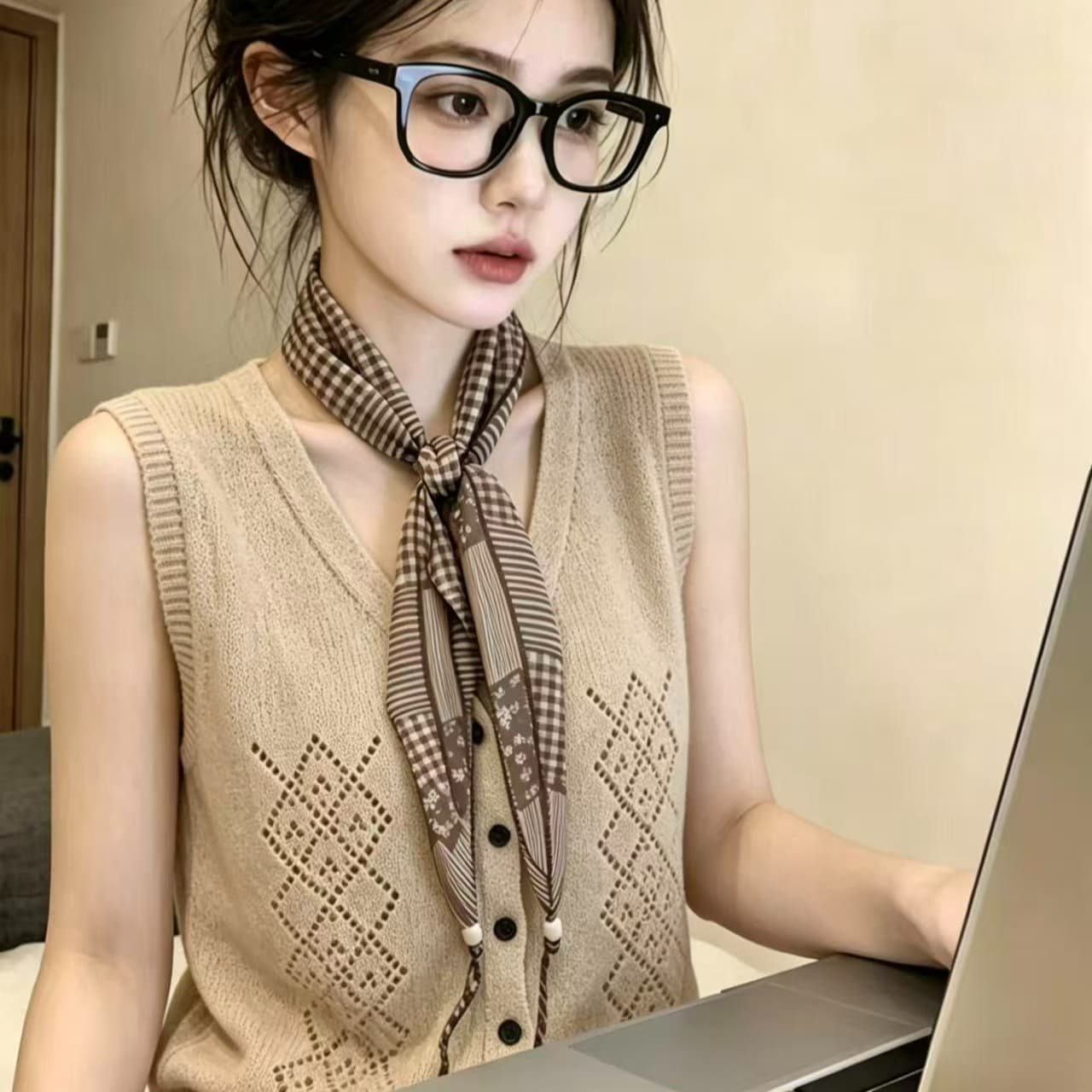 실사 한 부서 V넥 스카프 민소매 조끼 여성 여름 느슨함 고급 센스 슬림해 보이는 니트 맨위 chic 이미지 6
