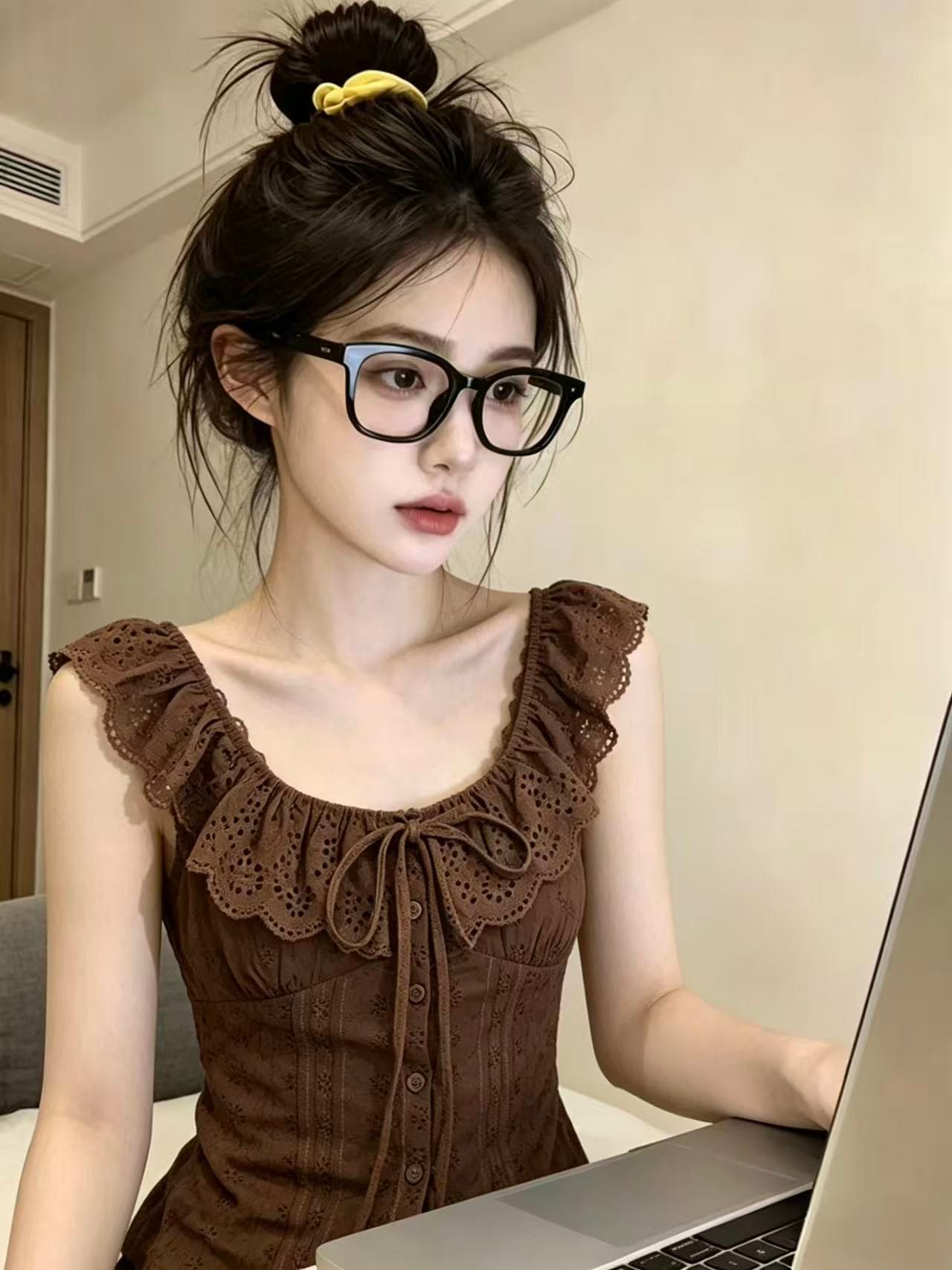 실사 레트로 프릴 셔츠 레이스업 티셔츠 여성 여름 홀로우 아웃 레이스 몸매 가꾸기 허리 수축 짧은 맨위 chic 이미지 5