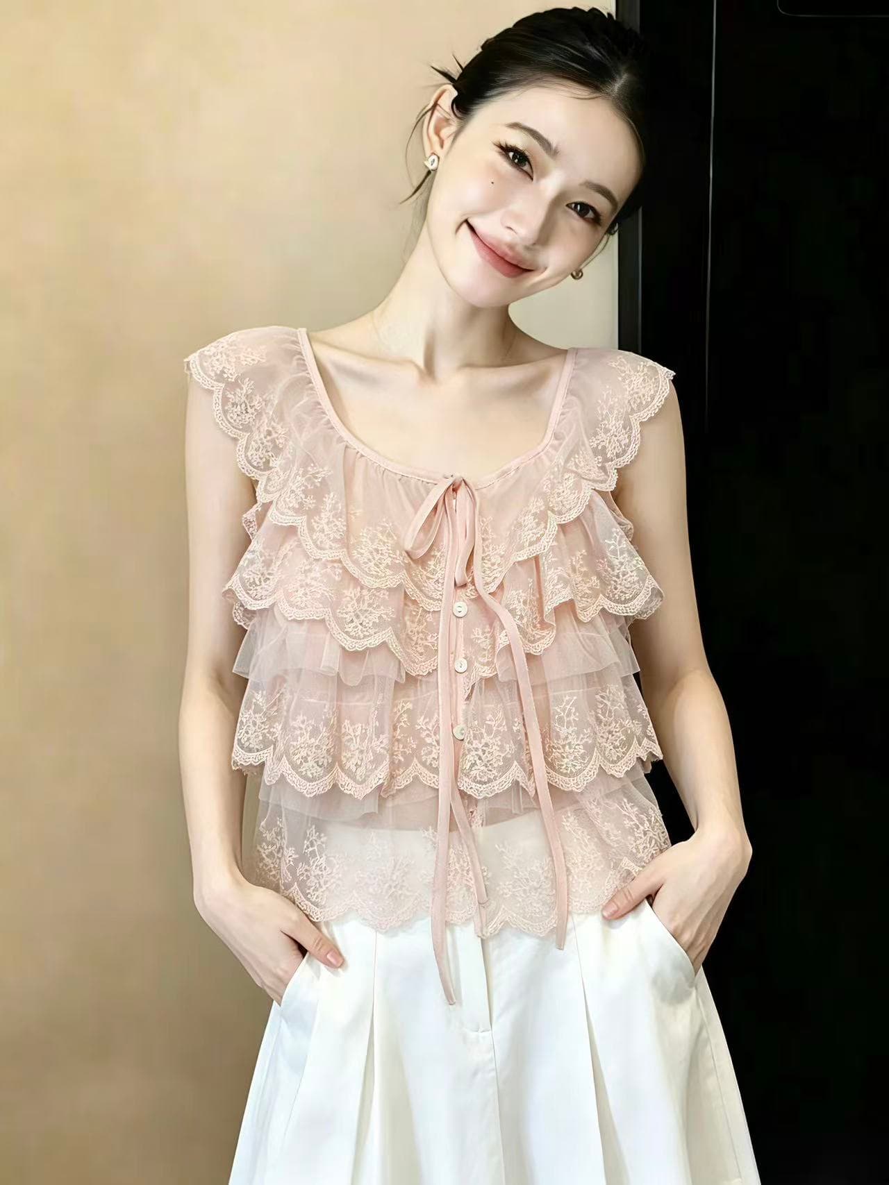 실사 소금 부서 소녀 슈퍼 달콤함 레이스 레이스 패치워크 순수한 욕망 센스 슬림해 보이는 민소매 맨위 무거운 작업 섹션 chic 이미지 5
