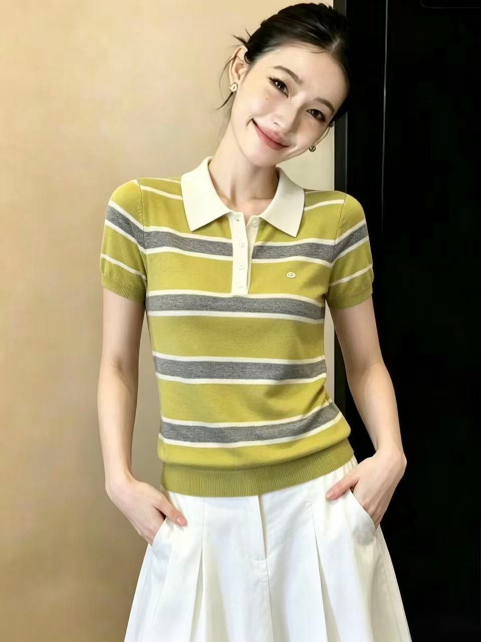 실사 한 스트라이프 POLO 셔츠 여성 여름 새로운 라이 경기 서울 아마 수 슈앙 니트 다용도 맨위 chic 이미지 3