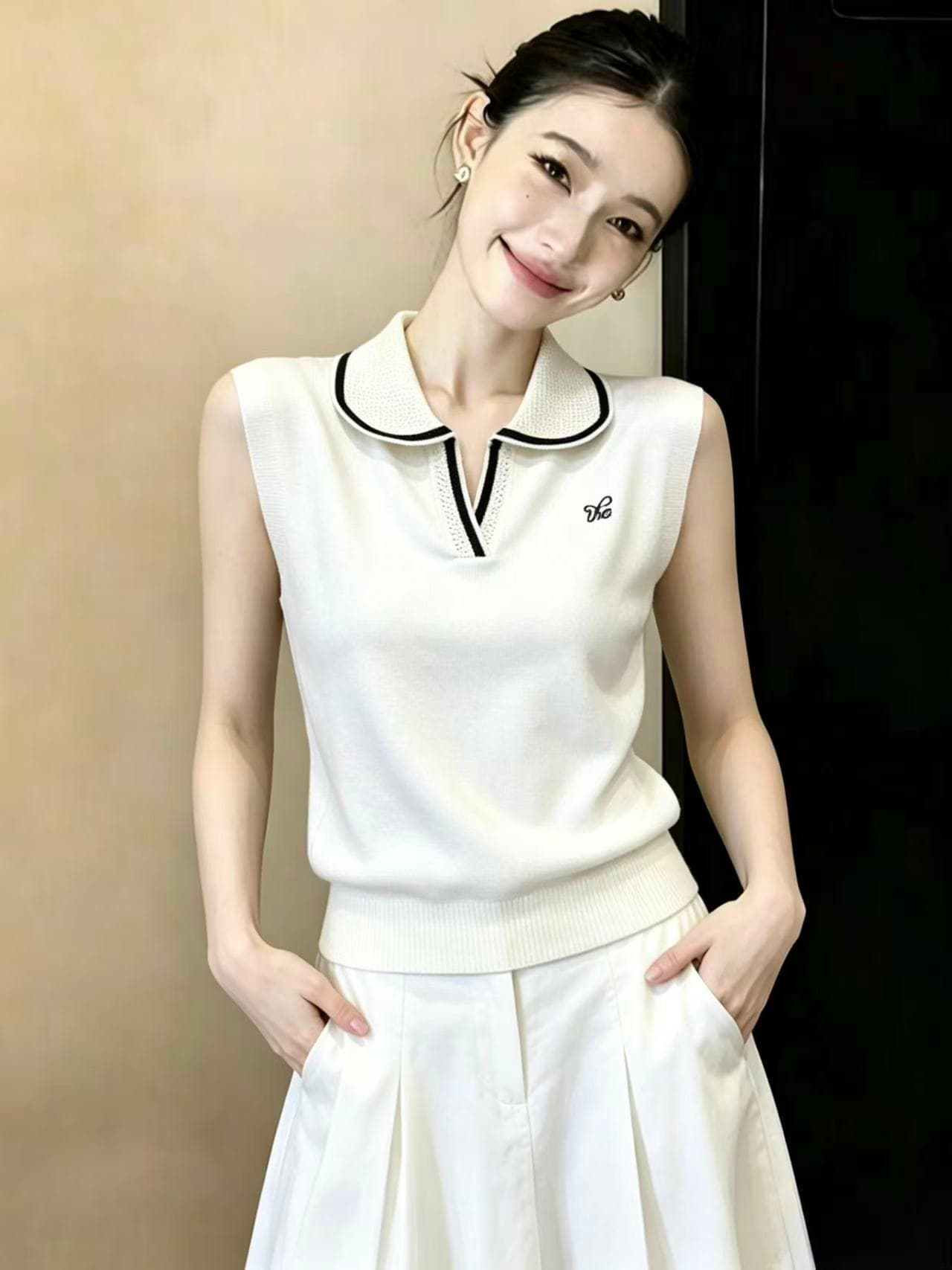 실사 한 부서 미니멀리즘 바람 니트 티셔츠 여성 여름 연령 감소 다용도 작은 날다 소매 긍정적 인 어깨 POLO 셔츠 맨위 chic 이미지 5