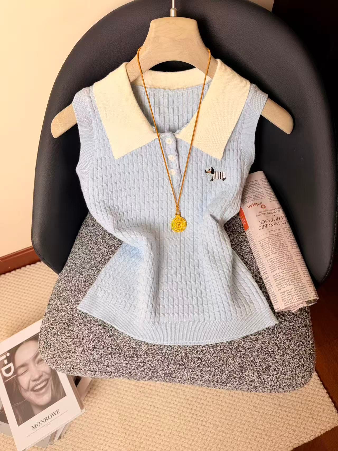 실사 학원 스타일 POLO 칼라 강아지 자수 니트 캐미솔 연령 감소 민소매 티셔츠 맨위 chic 상세 이미지 2