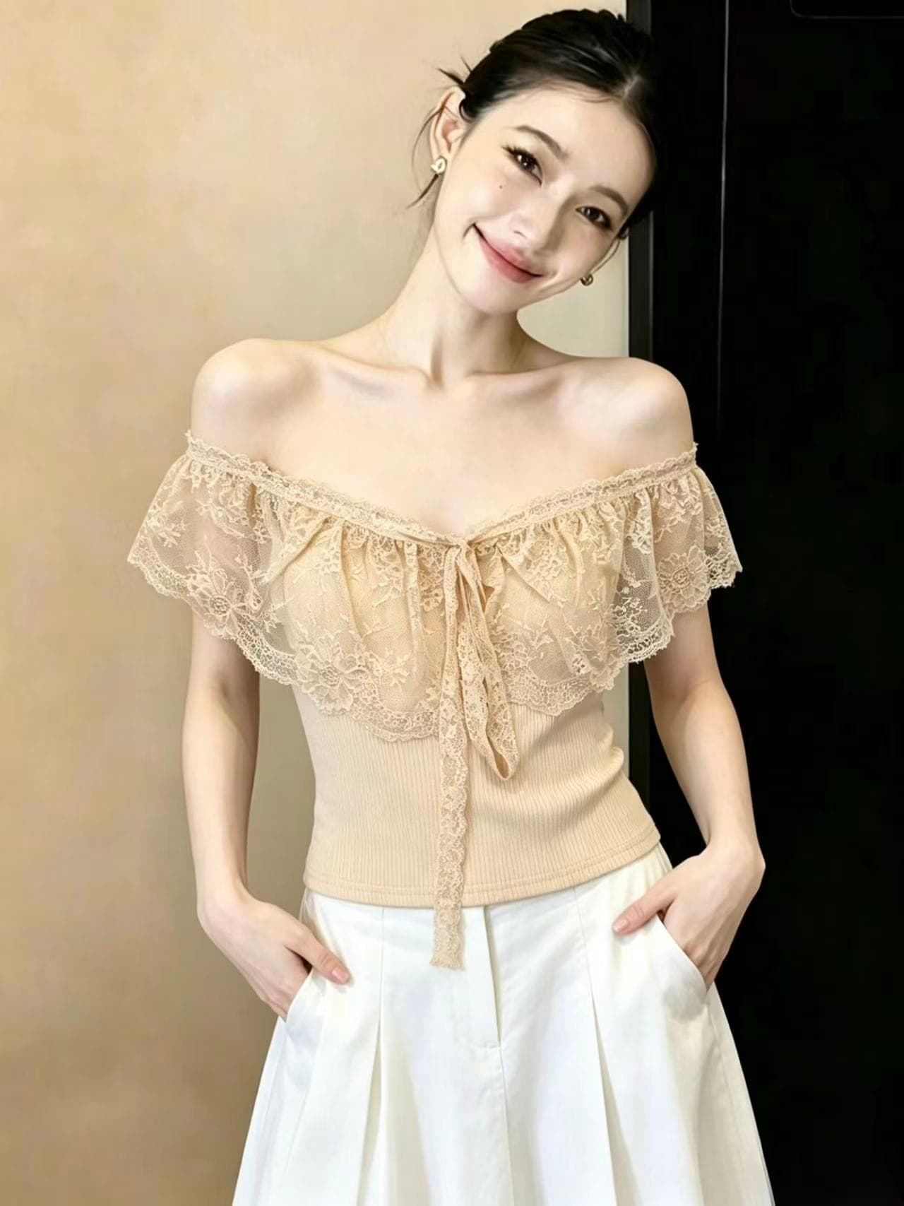 실사 레이스 조각 작은 날다 소매 살구 색상 티셔츠 여성 디자인 센스 허리 수축 몸매 가꾸기 순수한 욕망 바람 다용도 쇼트 스타일 맨위 이미지 3