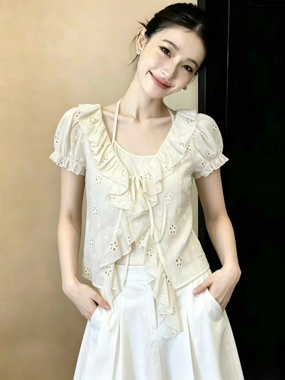 실사 한 부서 작은 디자인 섹션 소녀 바람 페이크 레이어드 라이 경기 서울 거품 소매 자수 셔츠 여름 맨위 chic 이미지 3